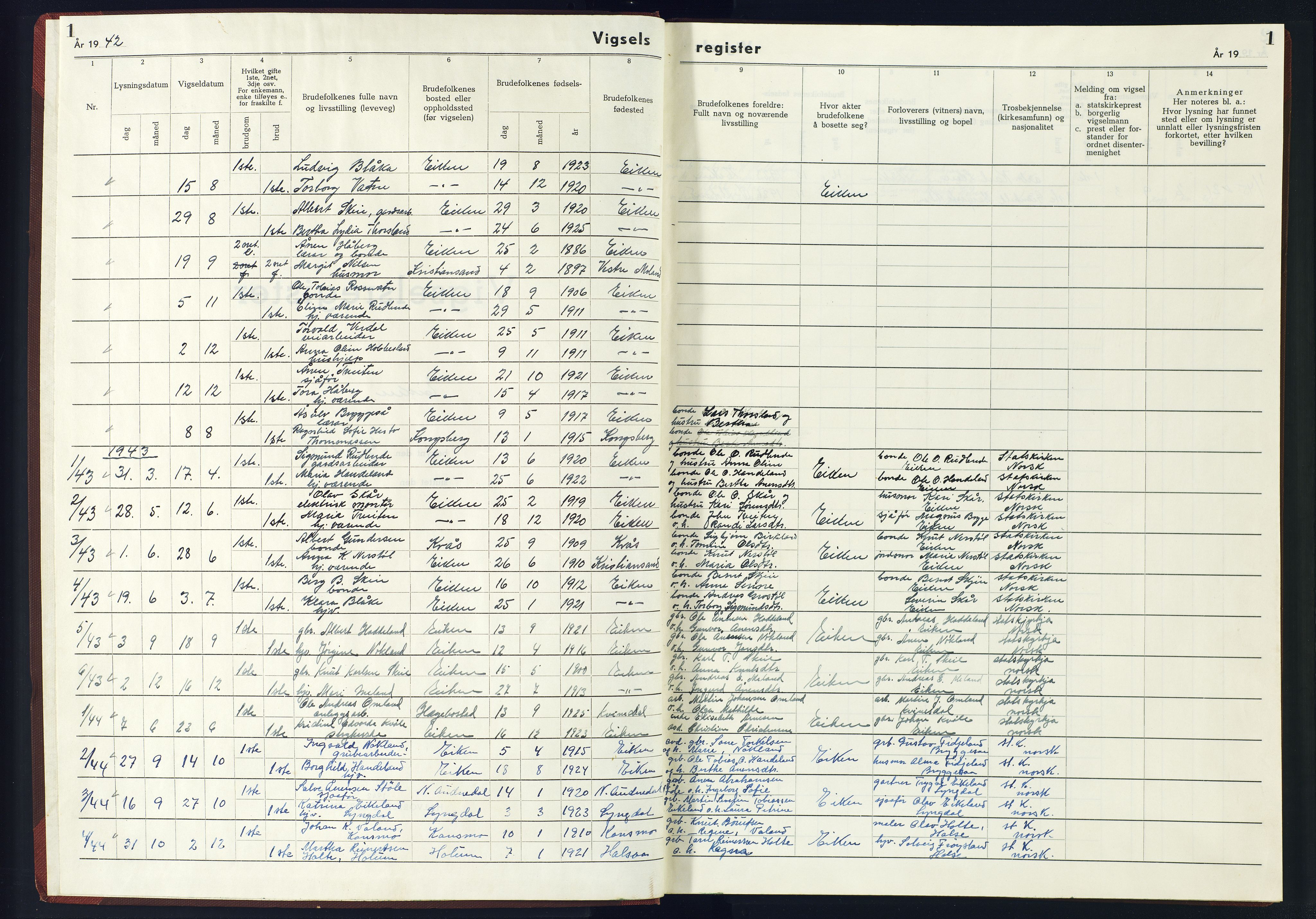 Hægebostad sokneprestkontor, SAK/1111-0024/J/Jb/L0005: Marriage register no. II.6.5, 1942-1945, p. 1