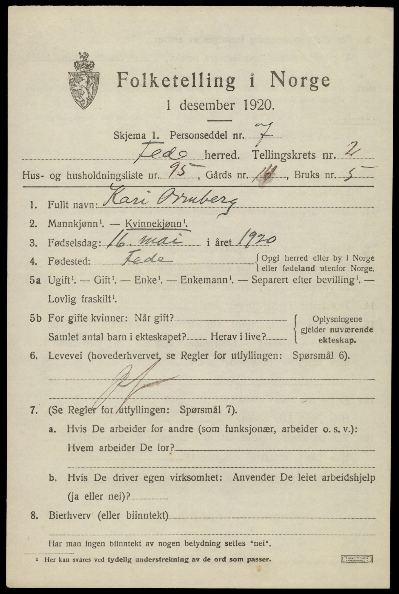 SAK, 1920 census for Feda, 1920, p. 1715