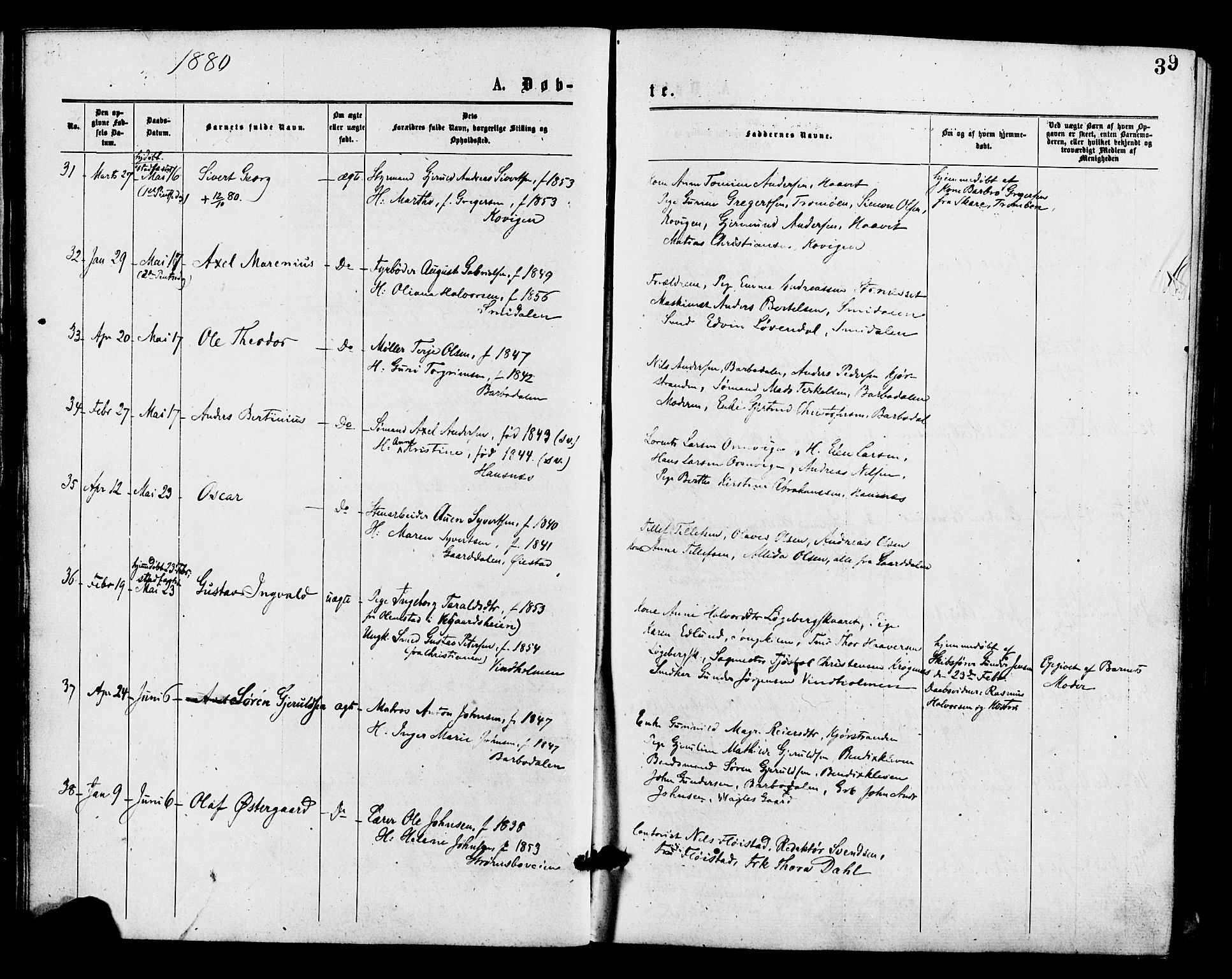 Barbu sokneprestkontor, SAK/1111-0003/F/Fa/L0001: Parish register (official) no. A 1 /1, 1878-1883, p. 39