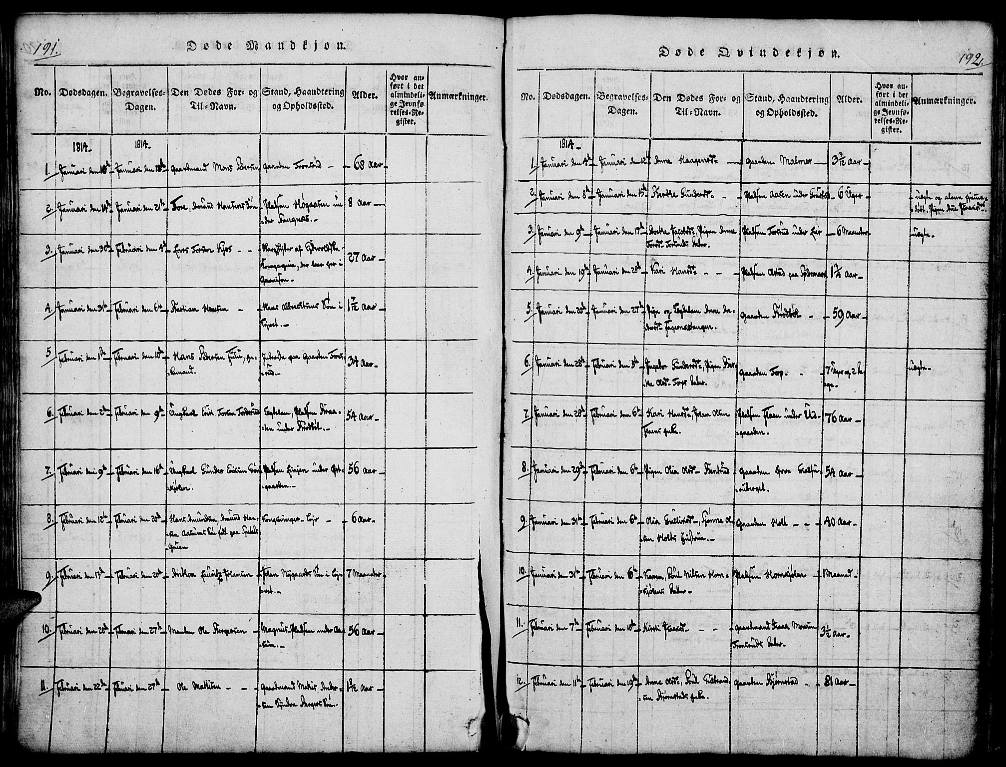 Vinger prestekontor, SAH/PREST-024/H/Ha/Haa/L0006: Parish register (official) no. 6, 1814-1825, p. 191-192
