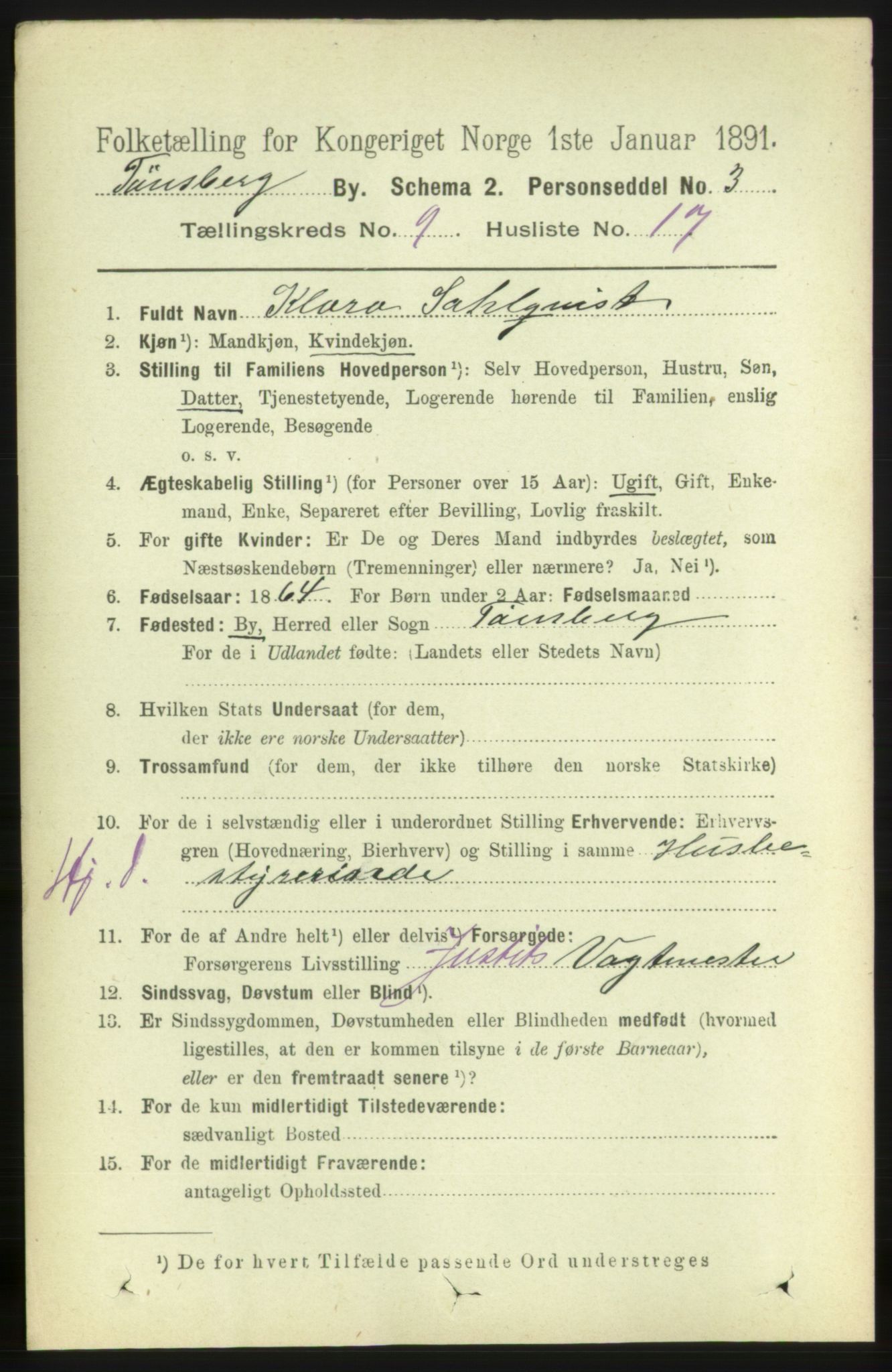 RA, 1891 census for 0705 Tønsberg, 1891, p. 3598