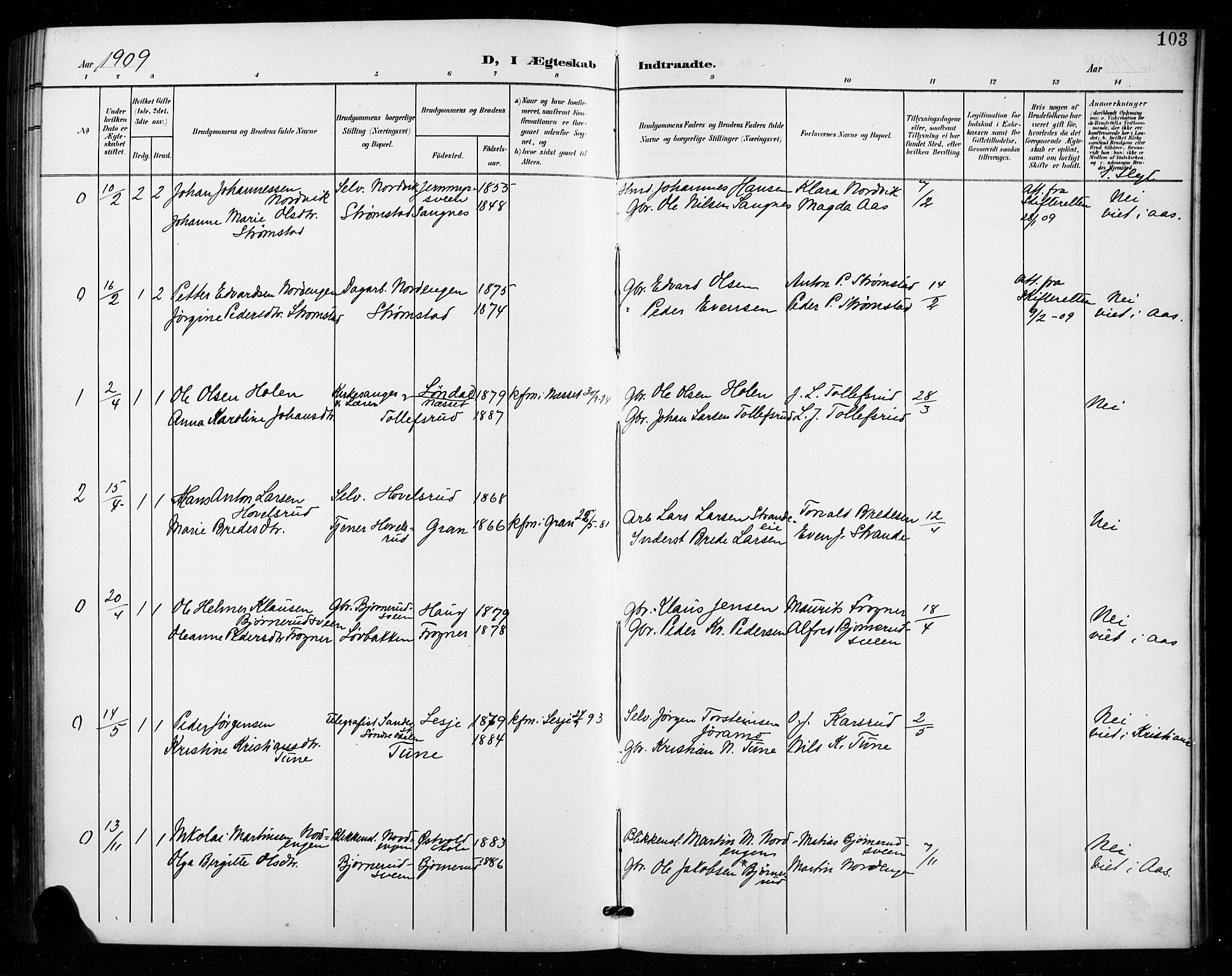 Vestre Toten prestekontor, SAH/PREST-108/H/Ha/Hab/L0016: Parish register (copy) no. 16, 1901-1915, p. 103