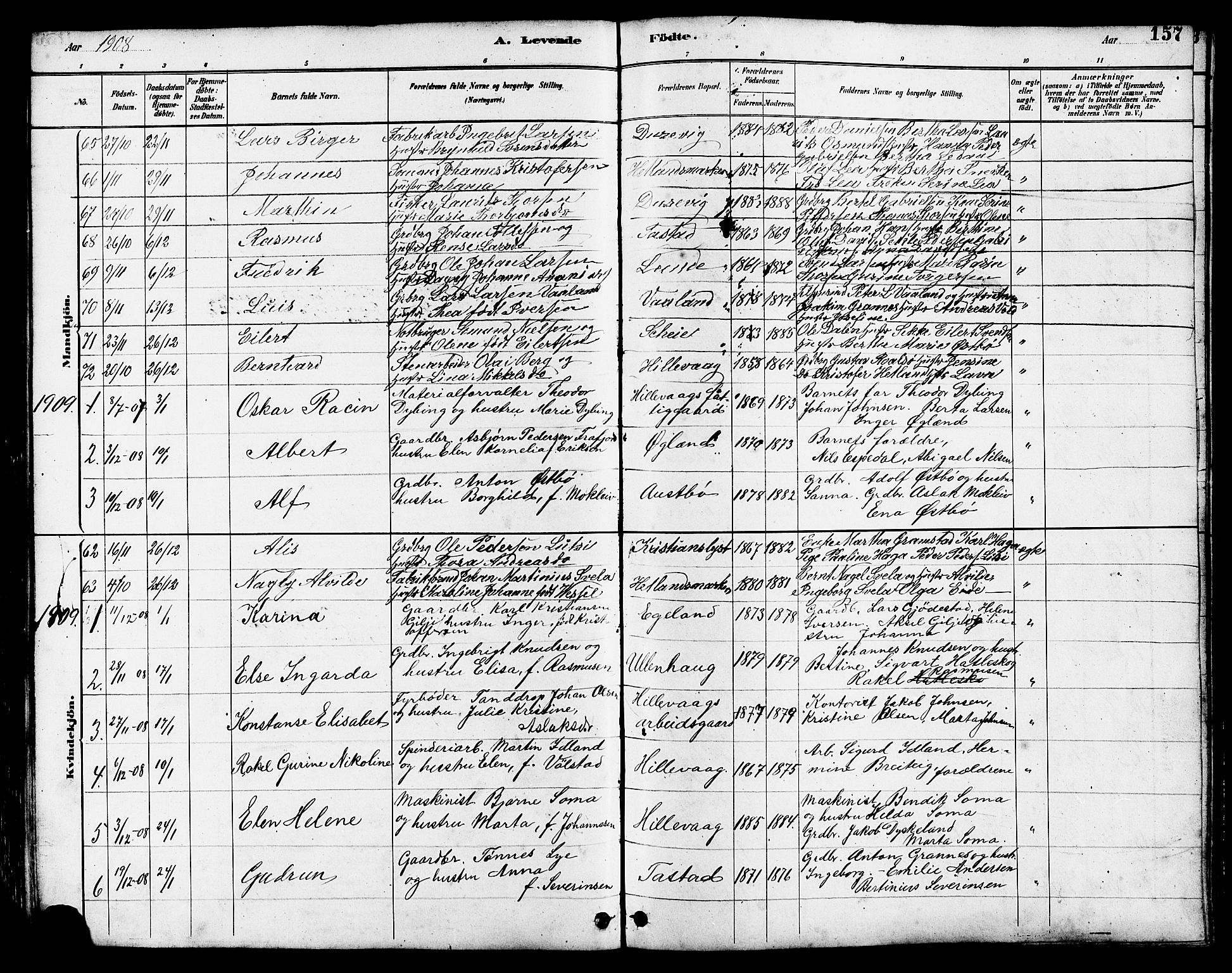 Hetland sokneprestkontor, SAST/A-101826/30/30BB/L0005: Parish register (copy) no. B 5, 1878-1910, p. 157