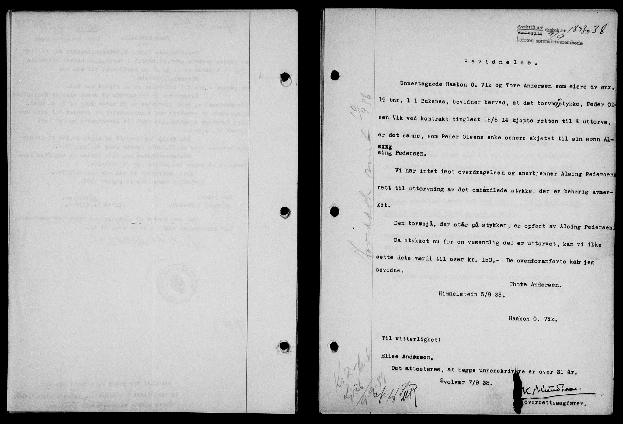 Lofoten sorenskriveri, SAT/A-0017/1/2/2C/L0004a: Mortgage book no. 4a, 1938-1938, Diary no: : 1873/1938