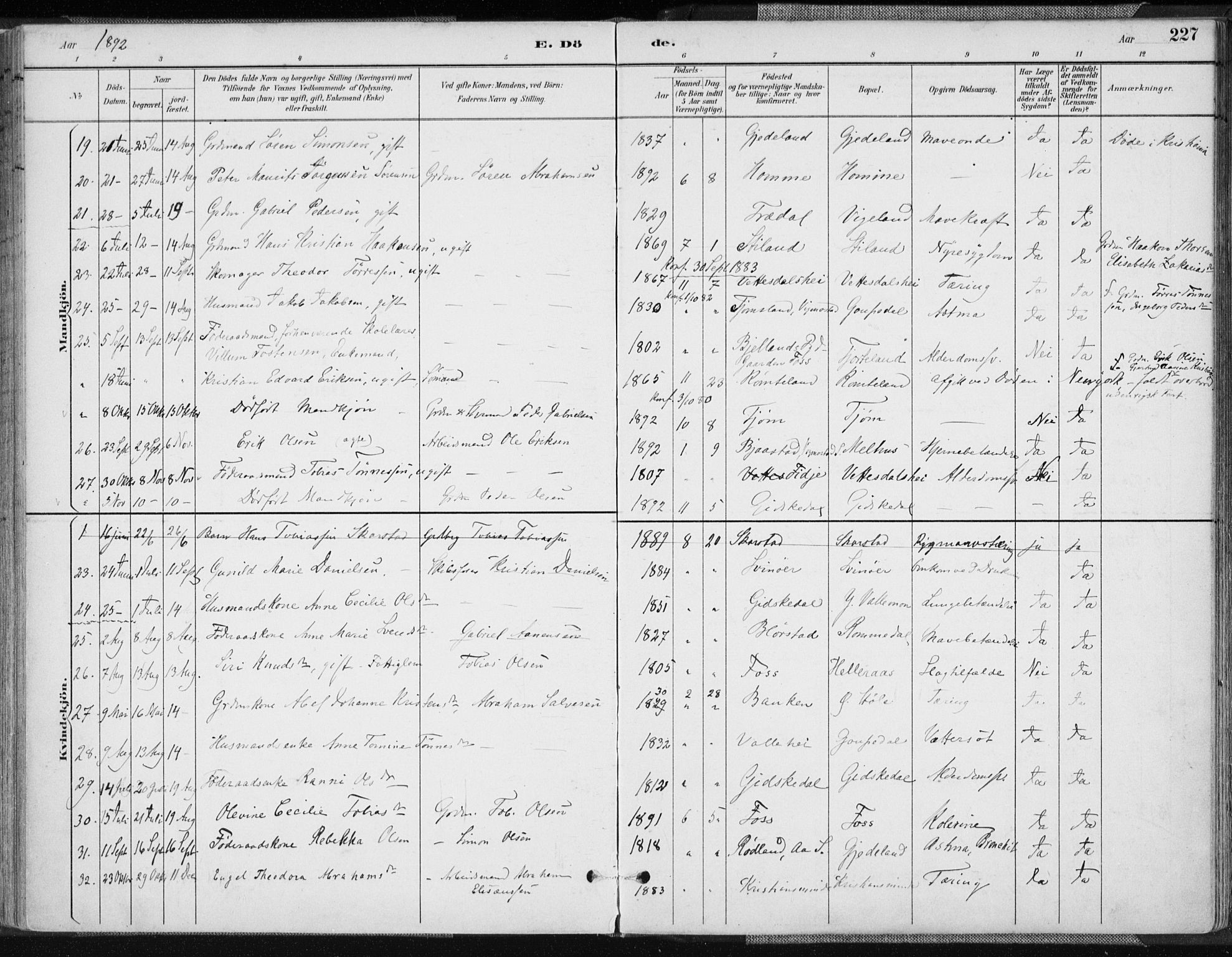 Sør-Audnedal sokneprestkontor, AV/SAK-1111-0039/F/Fa/Fab/L0010: Parish register (official) no. A 10, 1892-1913, p. 227