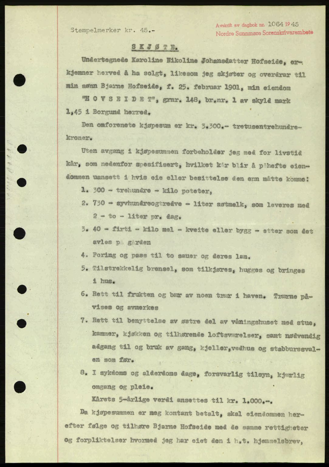 Nordre Sunnmøre sorenskriveri, AV/SAT-A-0006/1/2/2C/2Ca: Mortgage book no. A20a, 1945-1945, Diary no: : 1064/1945