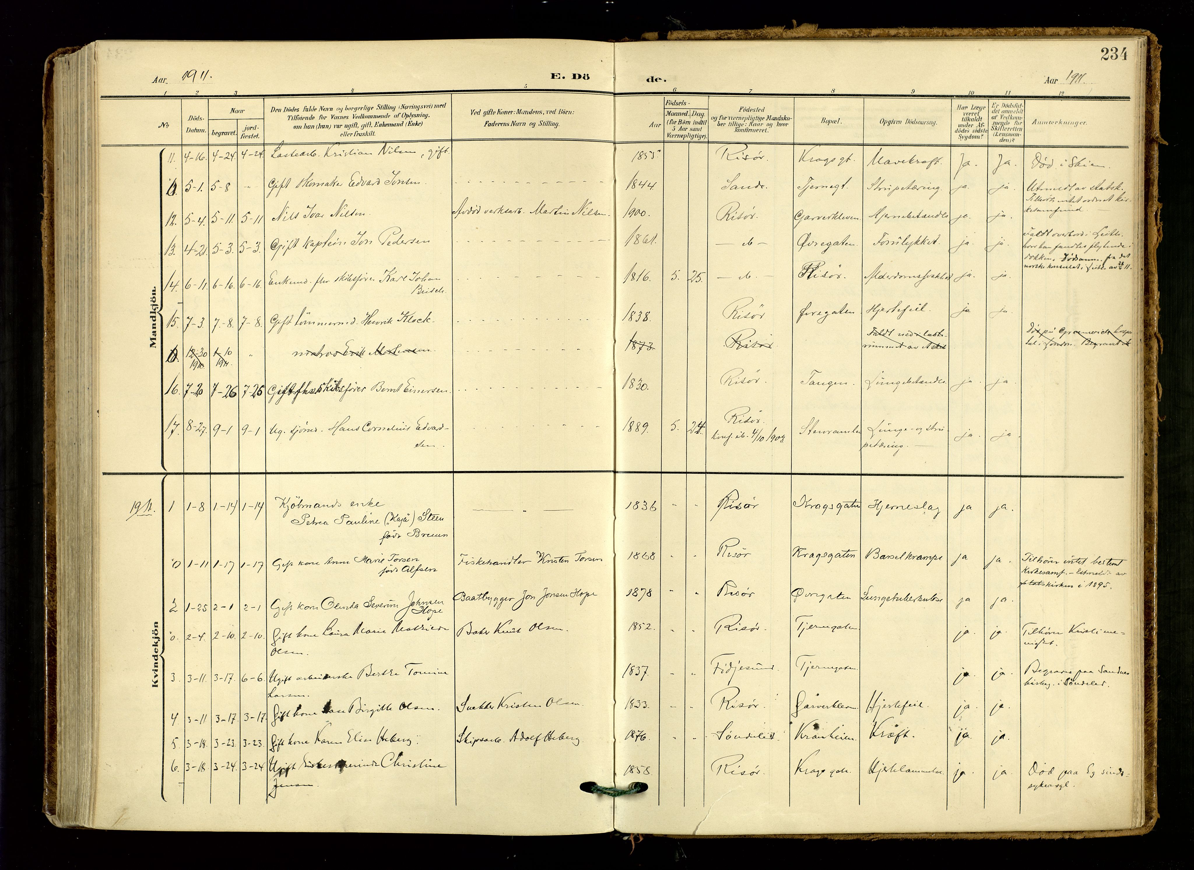 Risør sokneprestkontor, AV/SAK-1111-0035/F/Fa/L0011: Parish register (official) no. A 11, 1907-1920, p. 234