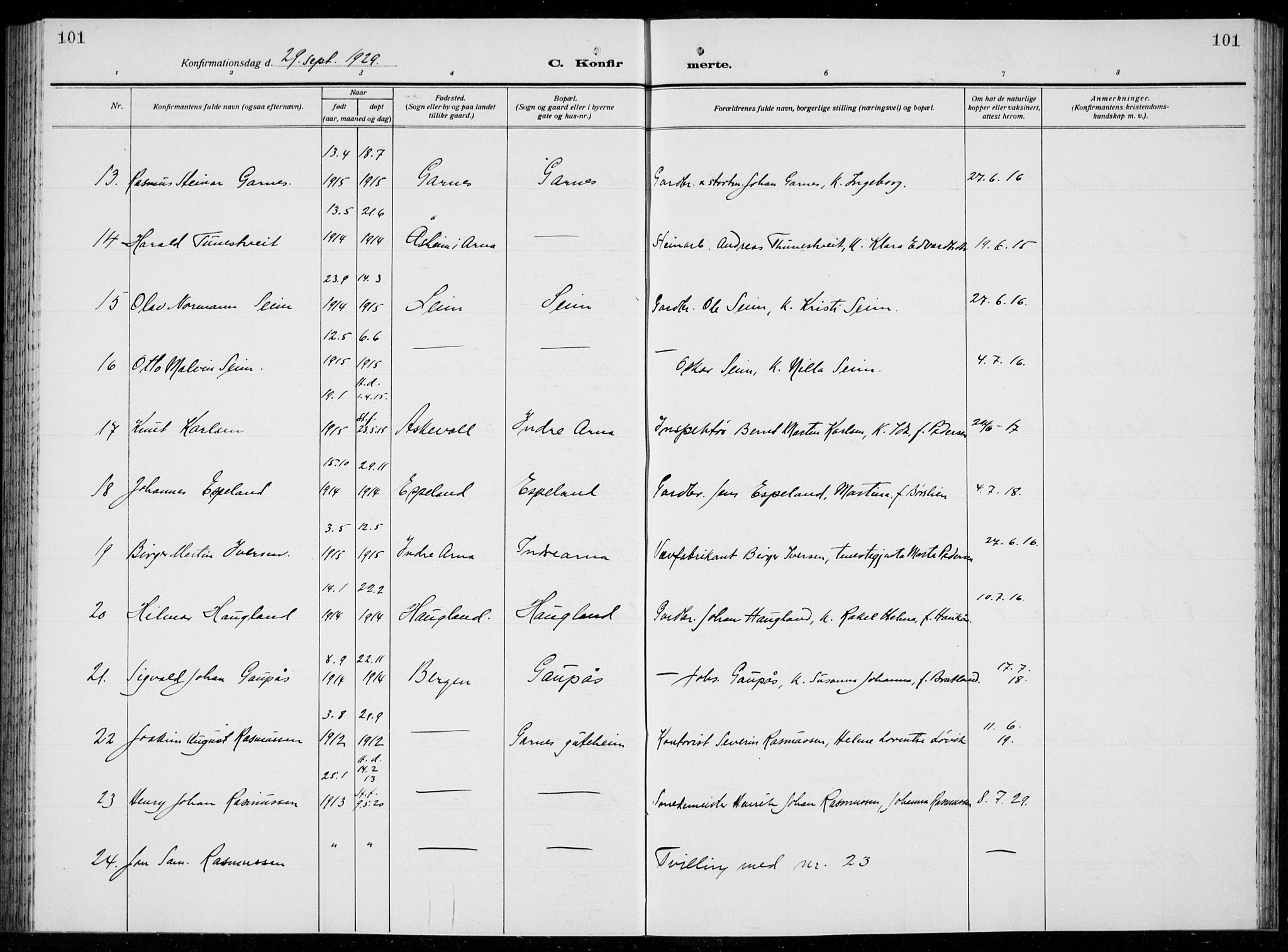 Arna sokneprestembete, AV/SAB-A-74001/H/Ha/Hab: Parish register (copy) no. A  6, 1922-1936, p. 101