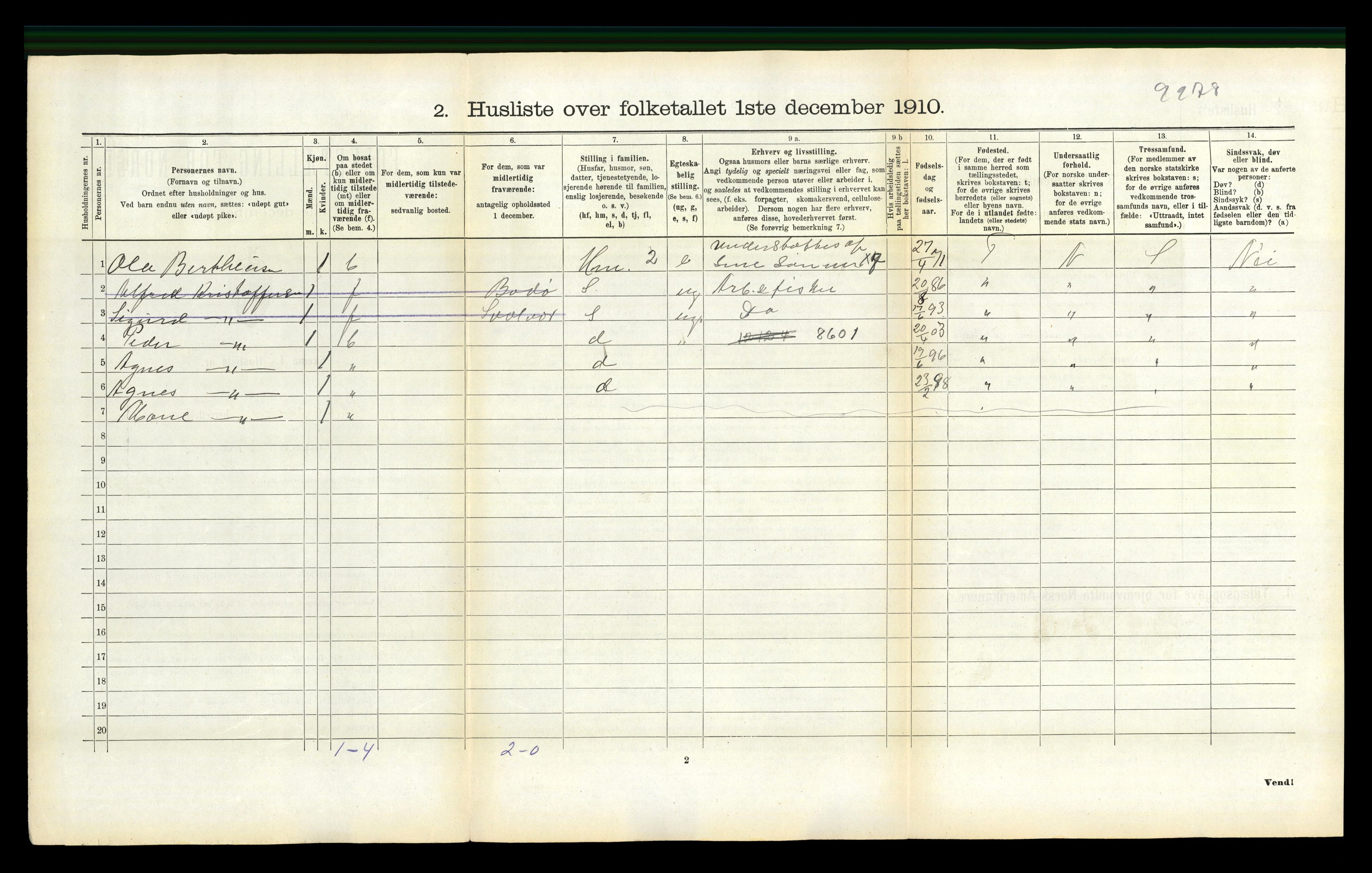 RA, 1910 census for Steigen, 1910, p. 212