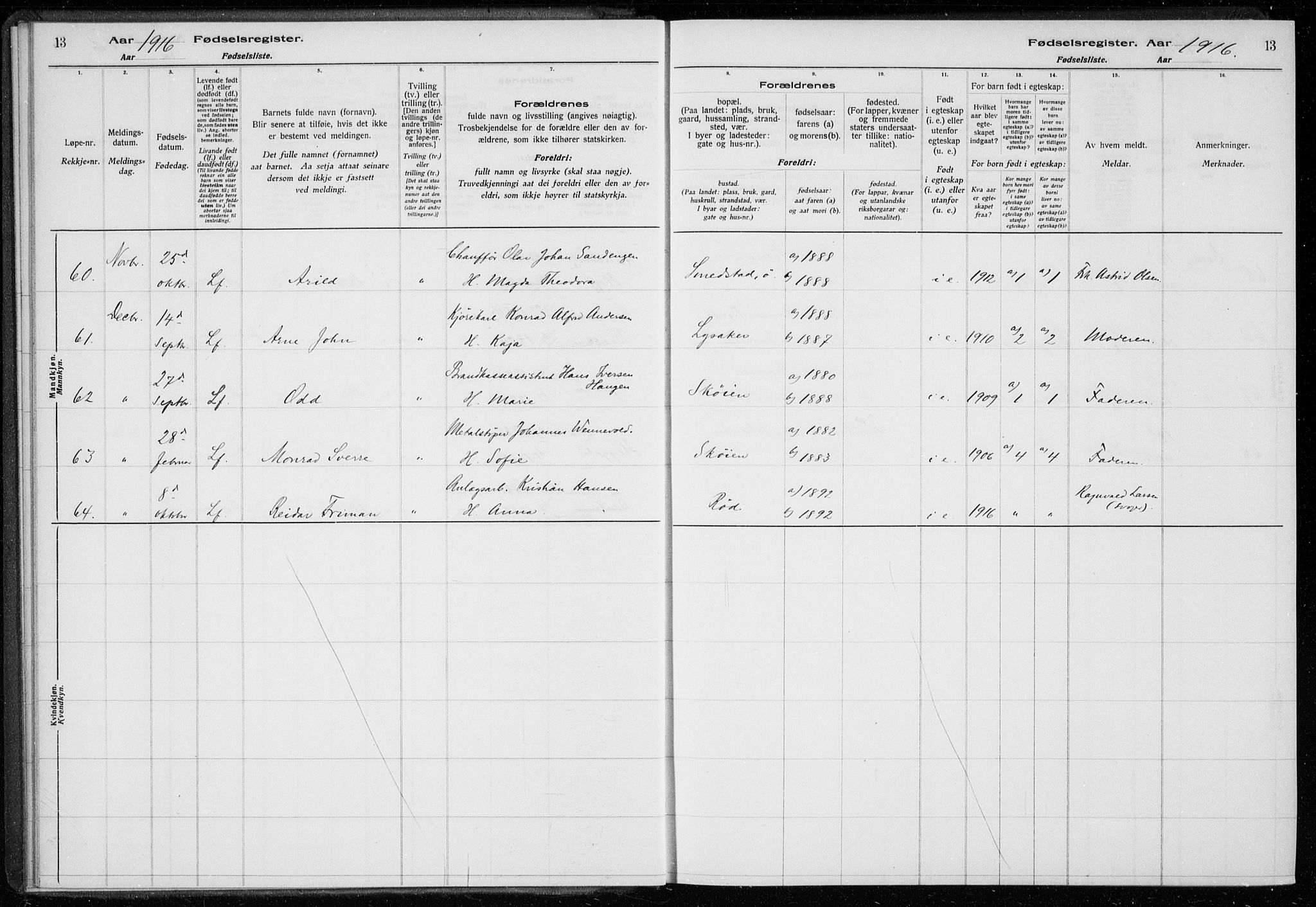 Ullern prestekontor Kirkebøker, AV/SAO-A-10740/J/L0001: Birth register no. 1, 1916-1928, p. 13