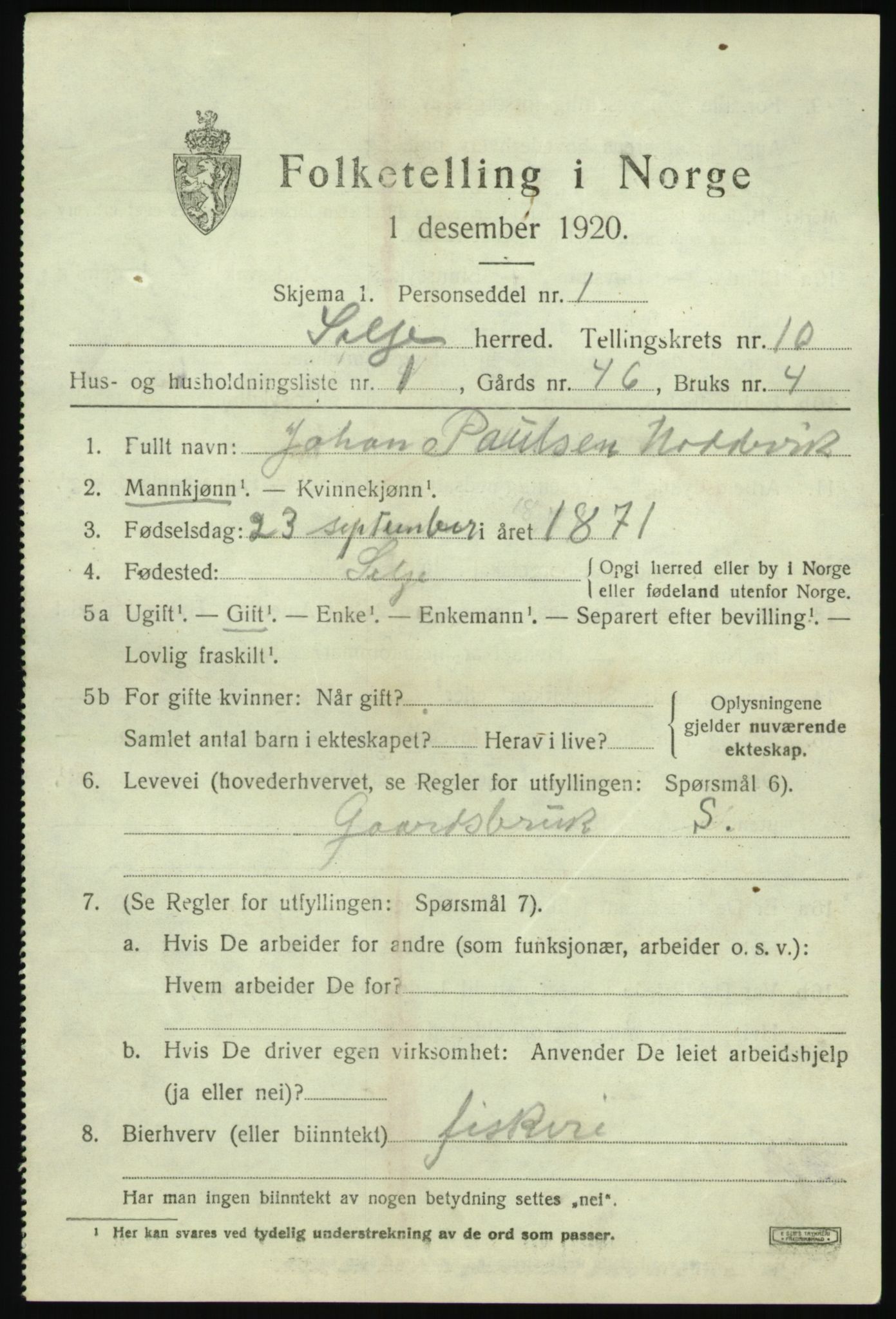 SAB, 1920 census for Selje, 1920, p. 4563