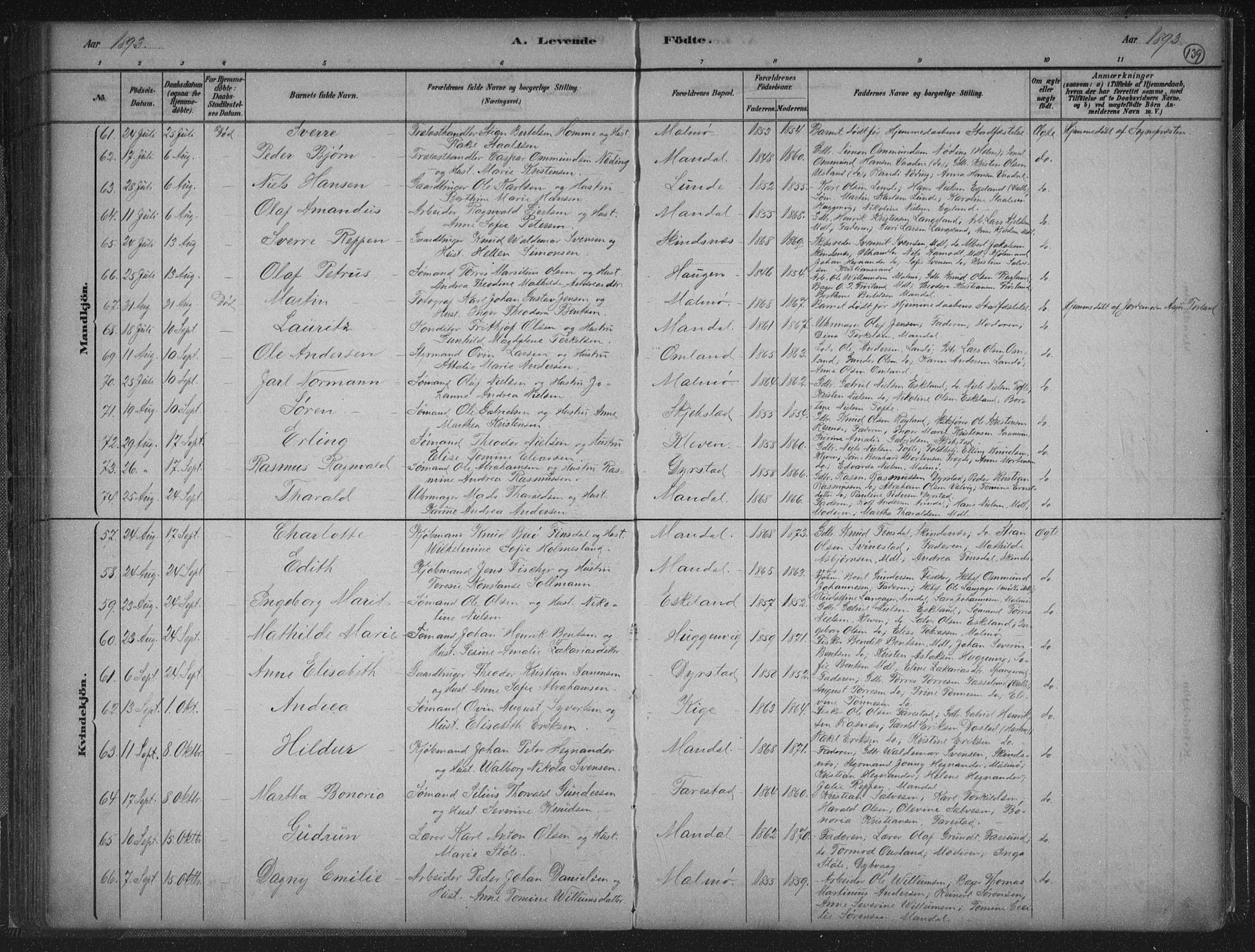 Mandal sokneprestkontor, AV/SAK-1111-0030/F/Fb/Fba/L0011: Parish register (copy) no. B 5, 1880-1898, p. 139