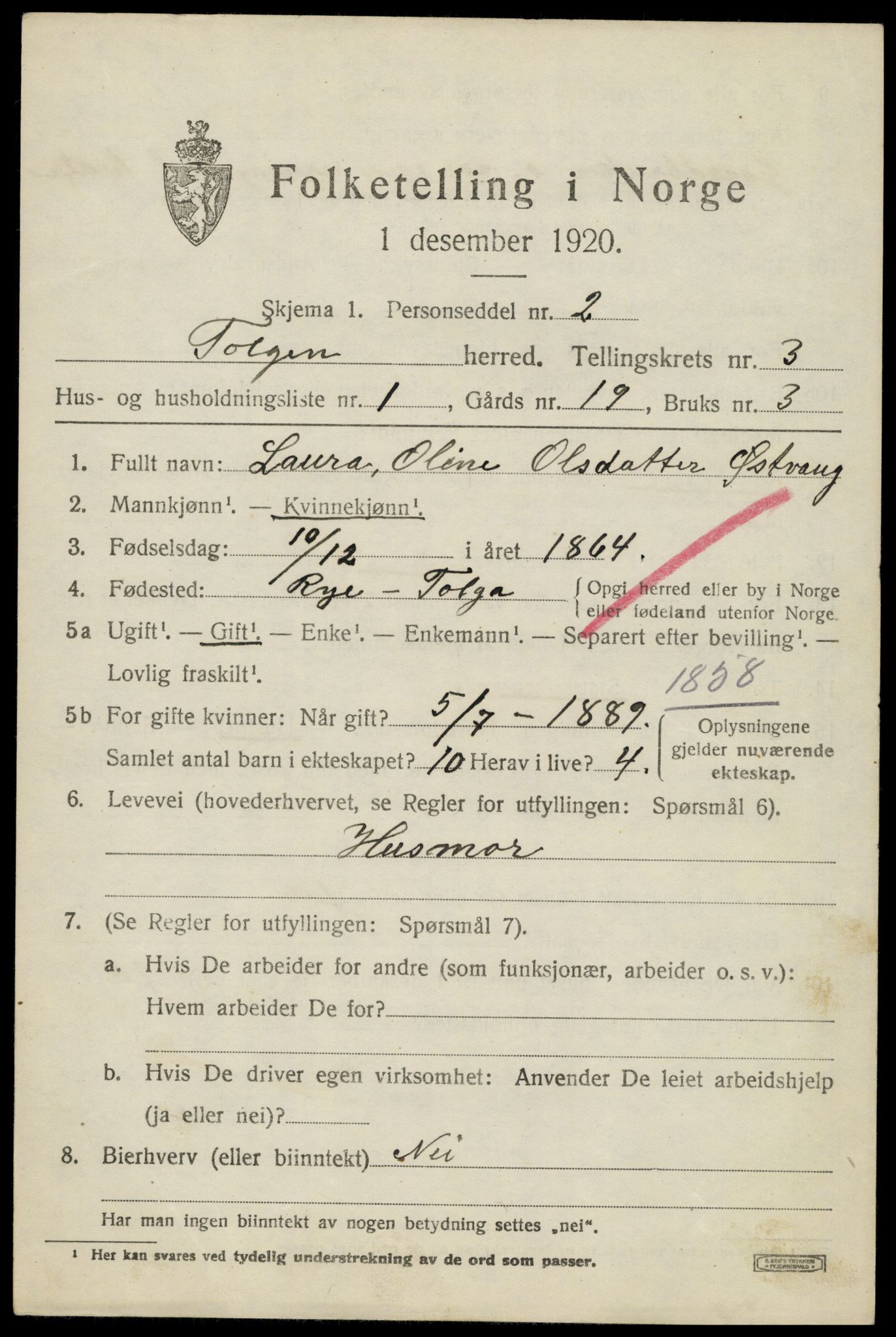 SAH, 1920 census for Tolga, 1920, p. 2225