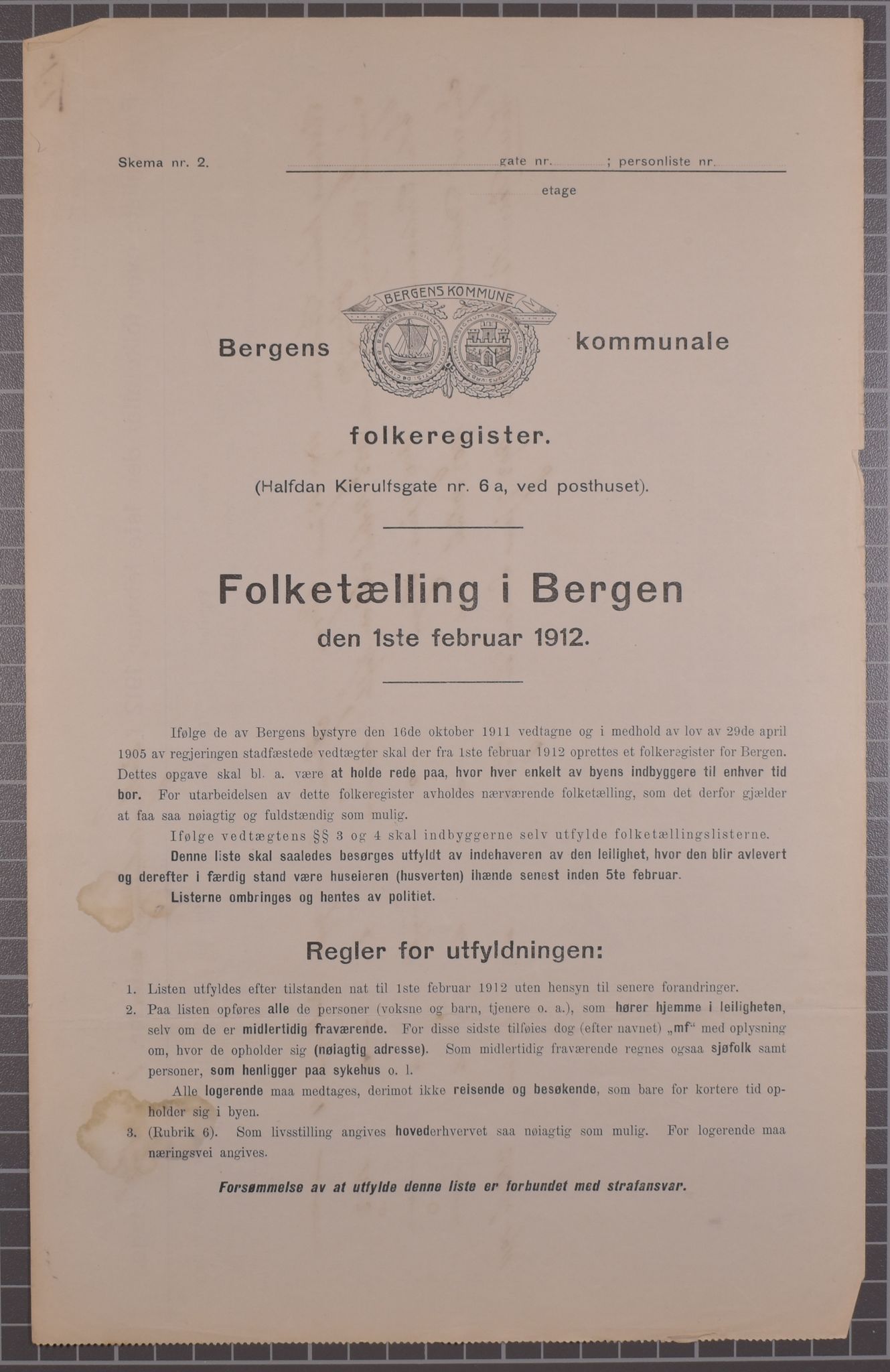 SAB, Municipal Census 1912 for Bergen, 1912, p. 3101