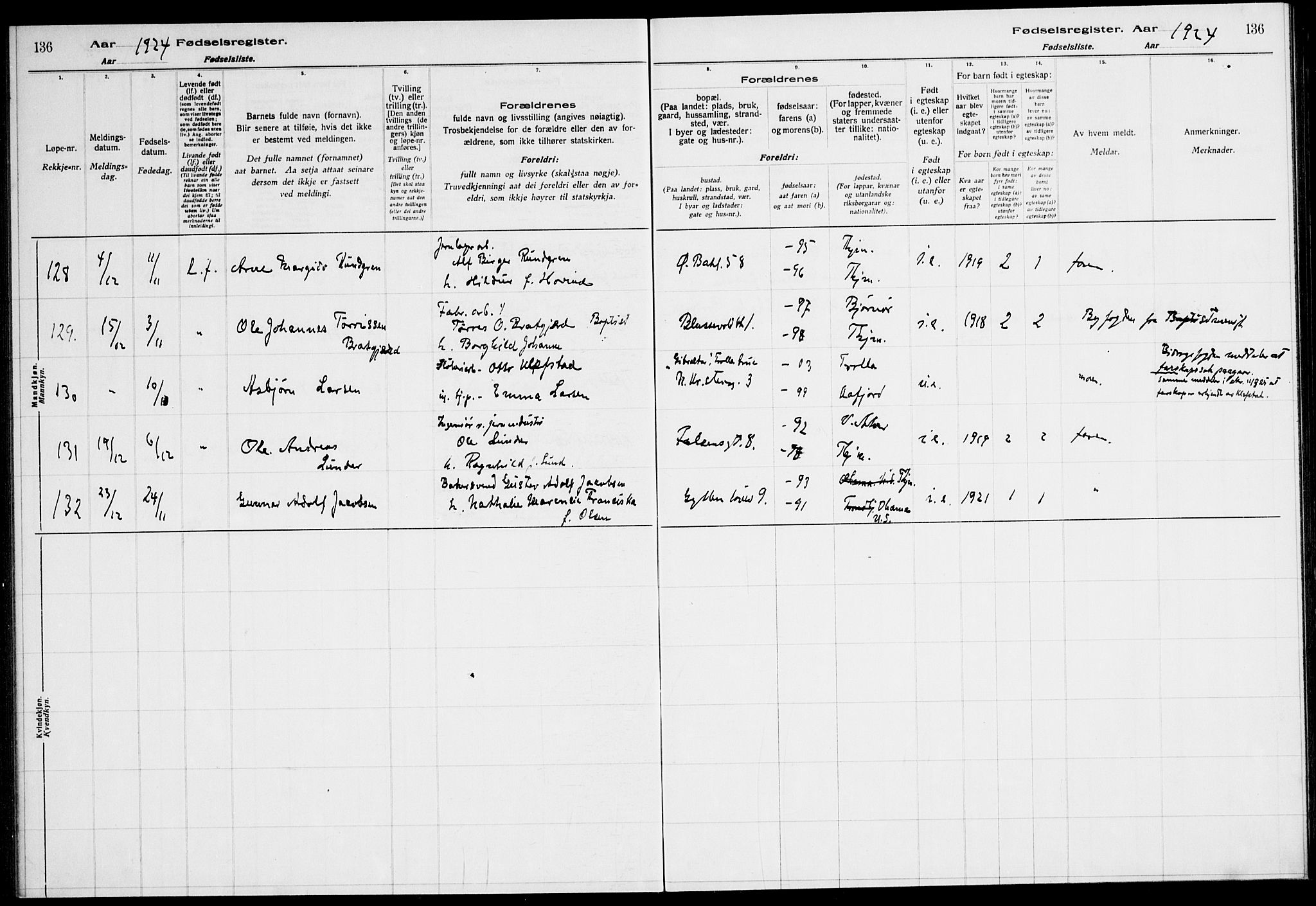 Ministerialprotokoller, klokkerbøker og fødselsregistre - Sør-Trøndelag, AV/SAT-A-1456/604/L0233: Birth register no. 604.II.4.2, 1920-1928, p. 136