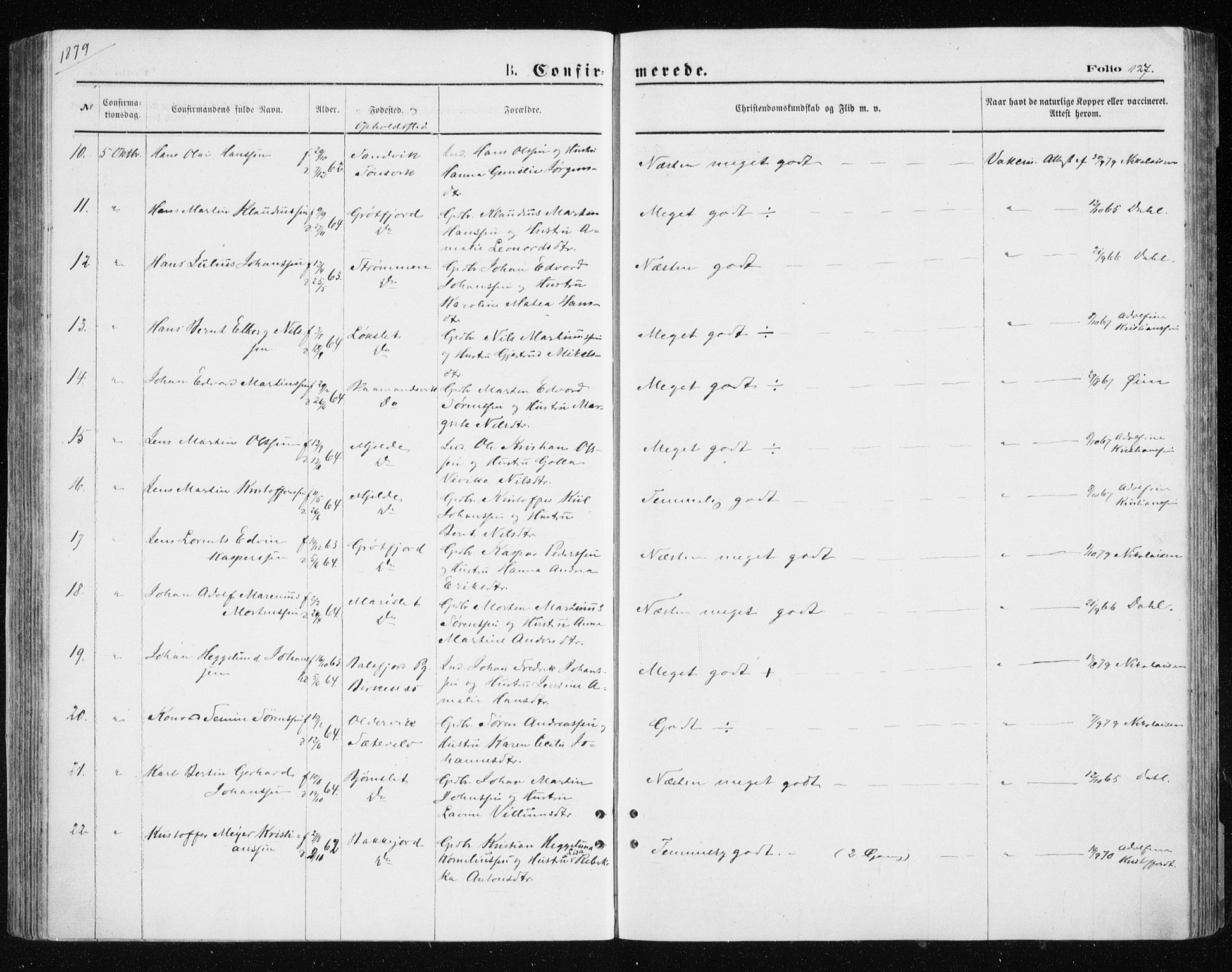 Tromsøysund sokneprestkontor, SATØ/S-1304/G/Ga/L0003kirke: Parish register (official) no. 3, 1875-1880, p. 127