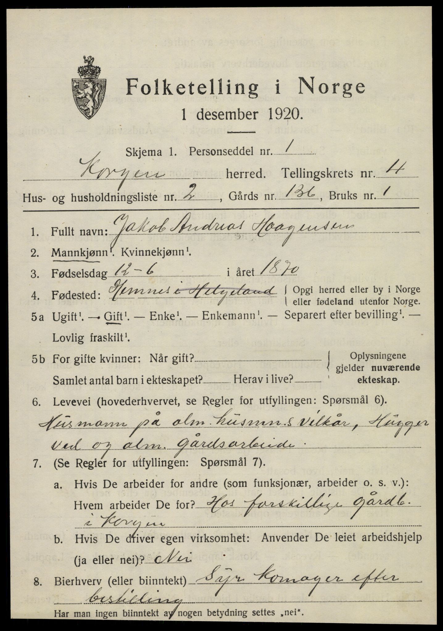 SAT, 1920 census for Korgen, 1920, p. 1752