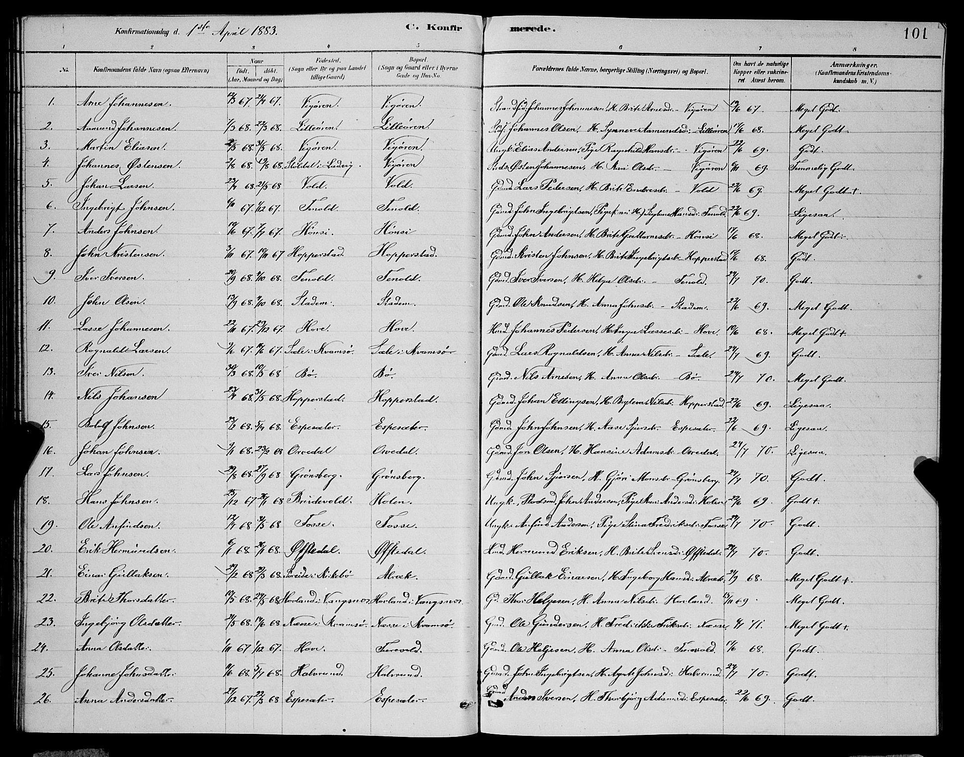 Vik sokneprestembete, SAB/A-81501: Parish register (copy) no. A 3, 1878-1894, p. 101