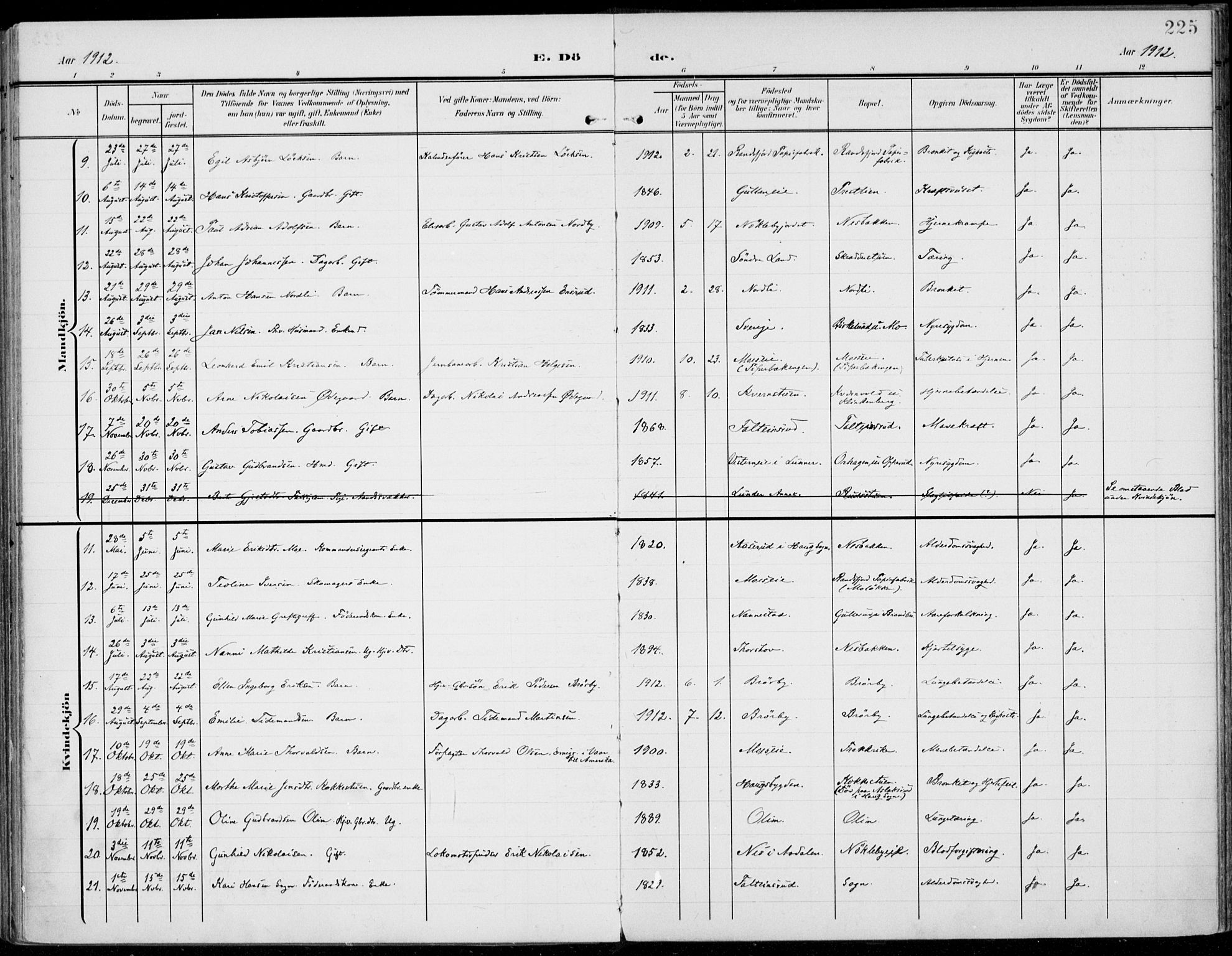 Jevnaker prestekontor, SAH/PREST-116/H/Ha/Haa/L0011: Parish register (official) no. 11, 1902-1913, p. 225