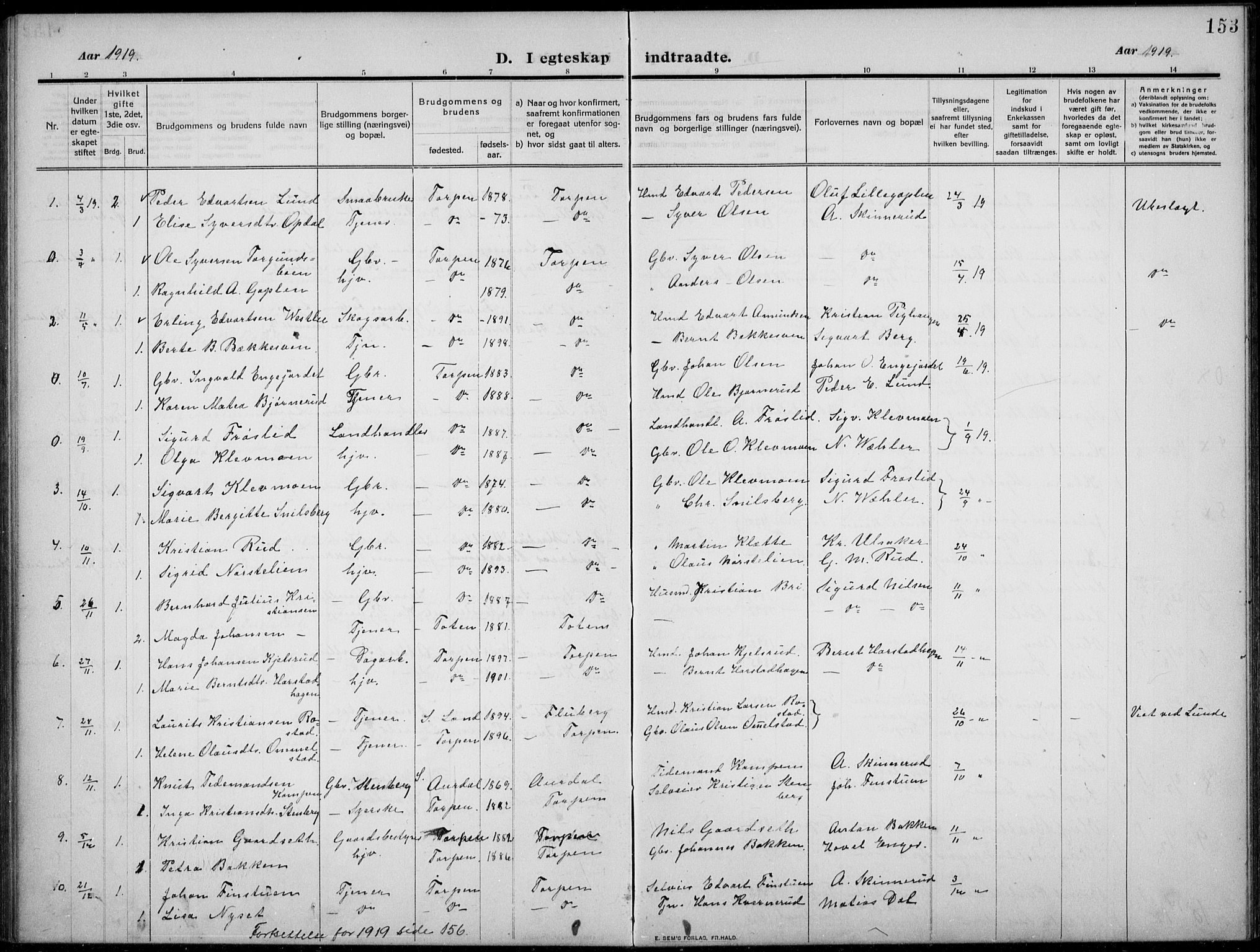 Nordre Land prestekontor, AV/SAH-PREST-124/H/Ha/Hab/L0002: Parish register (copy) no. 2, 1909-1934, p. 153