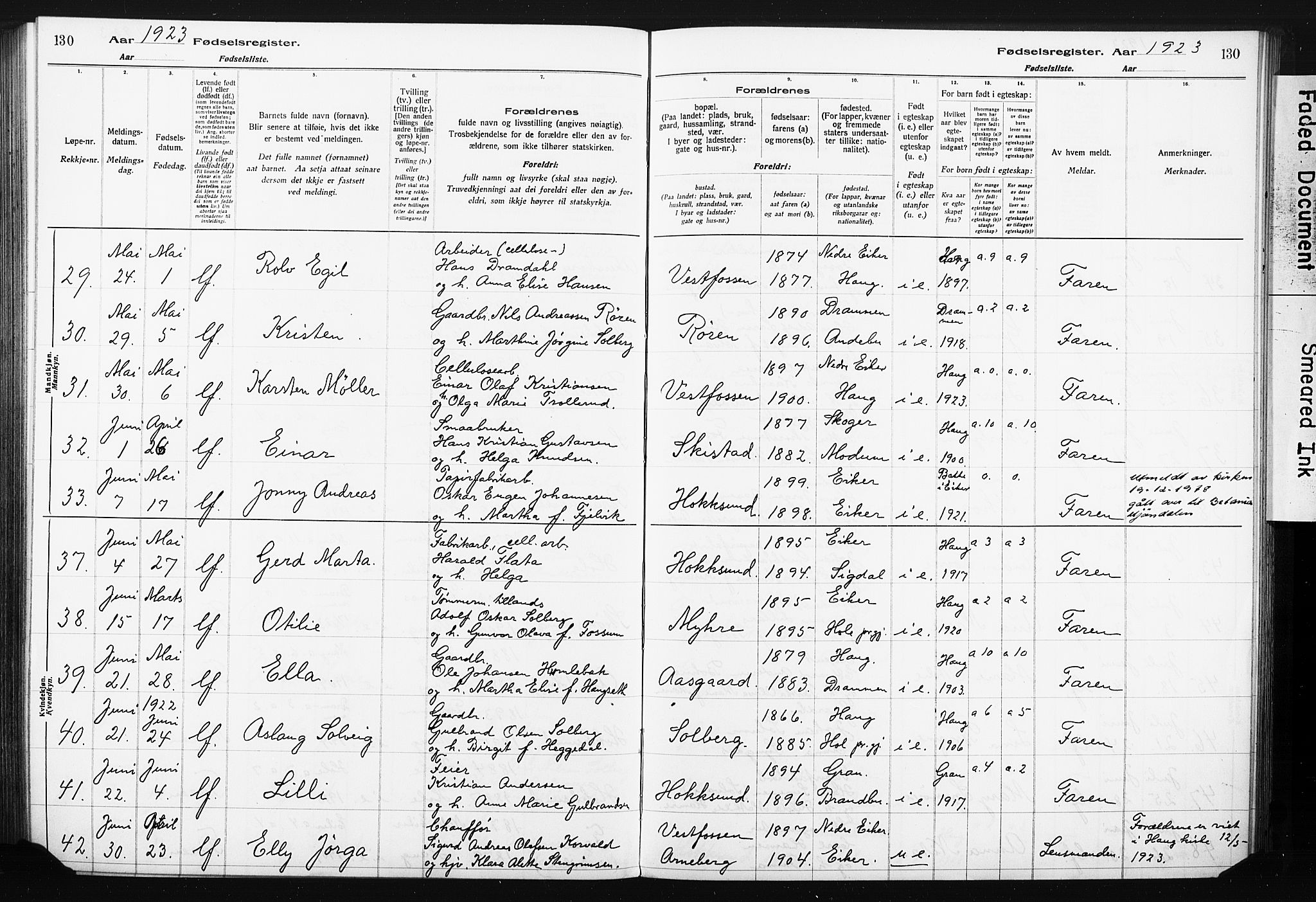 Eiker kirkebøker, AV/SAKO-A-4/J/Ja/L0001: Birth register no. I 1, 1916-1927, p. 130