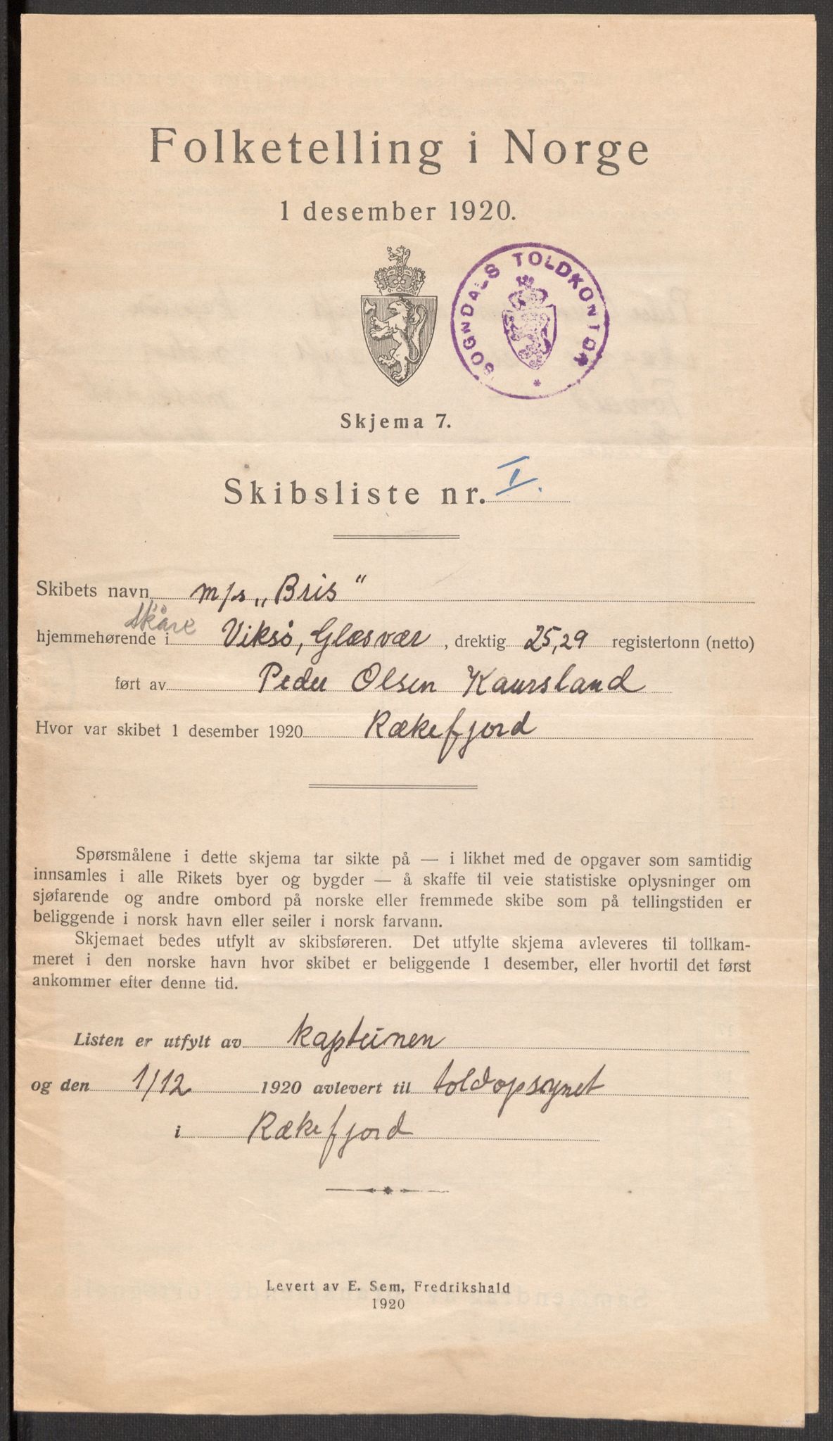 SAST, 1920 census for Sokndal town, 1920, p. 1151