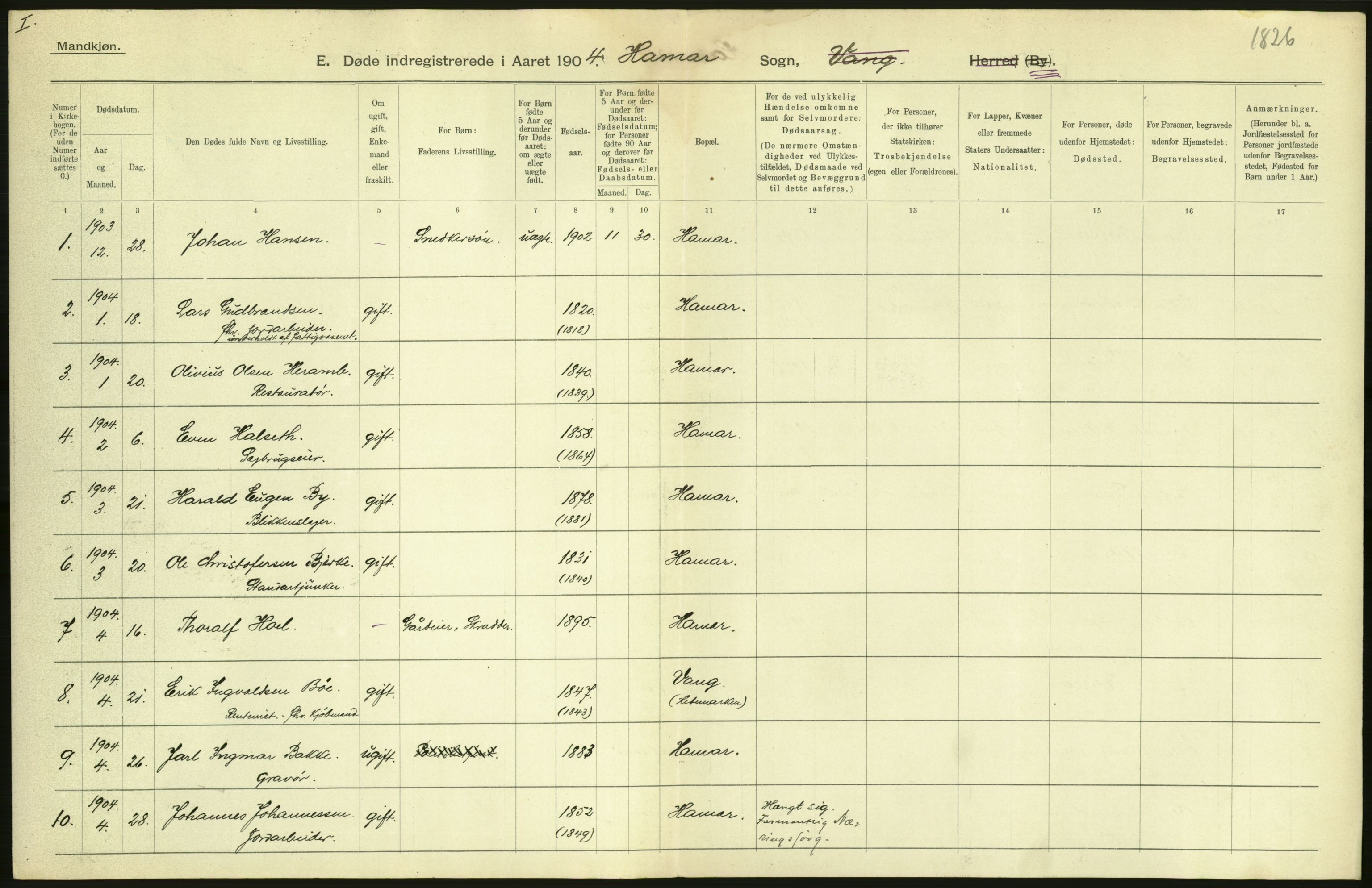 Statistisk sentralbyrå, Sosiodemografiske emner, Befolkning, AV/RA-S-2228/D/Df/Dfa/Dfab/L0005: Hedemarkens amt: Fødte, gifte, døde, 1904, p. 46