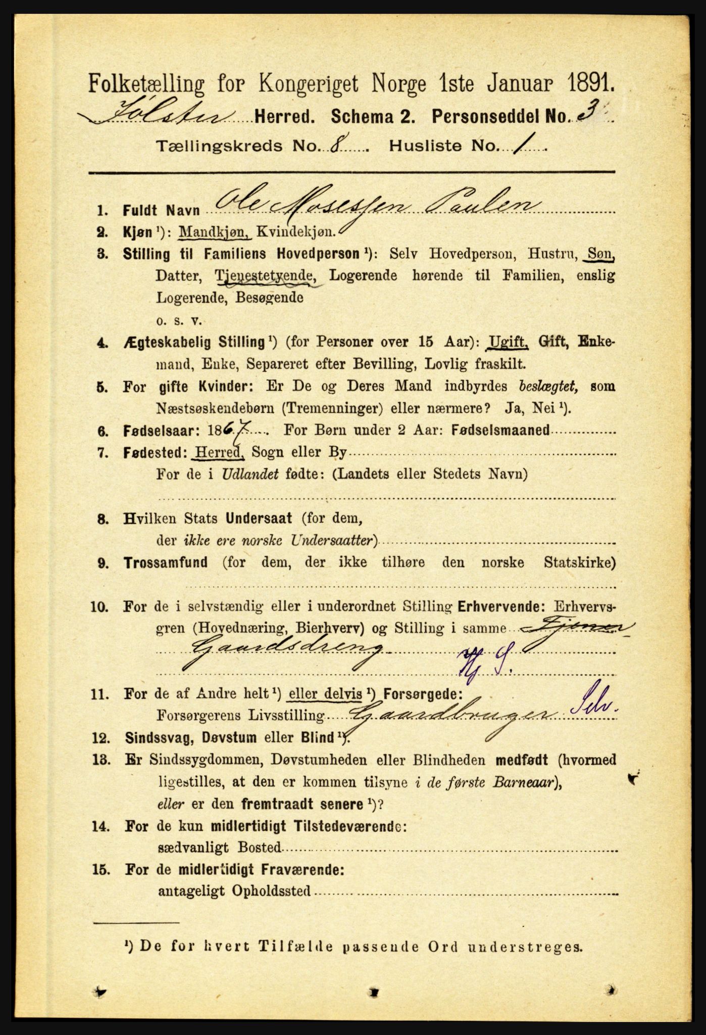 RA, 1891 census for 1431 Jølster, 1891, p. 2805