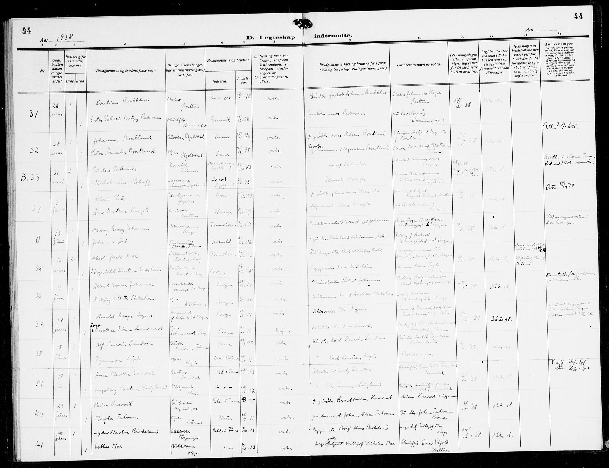 Fana Sokneprestembete, SAB/A-75101/H/Haa/Haak/L0002: Parish register (official) no. K 2, 1931-1938, p. 44