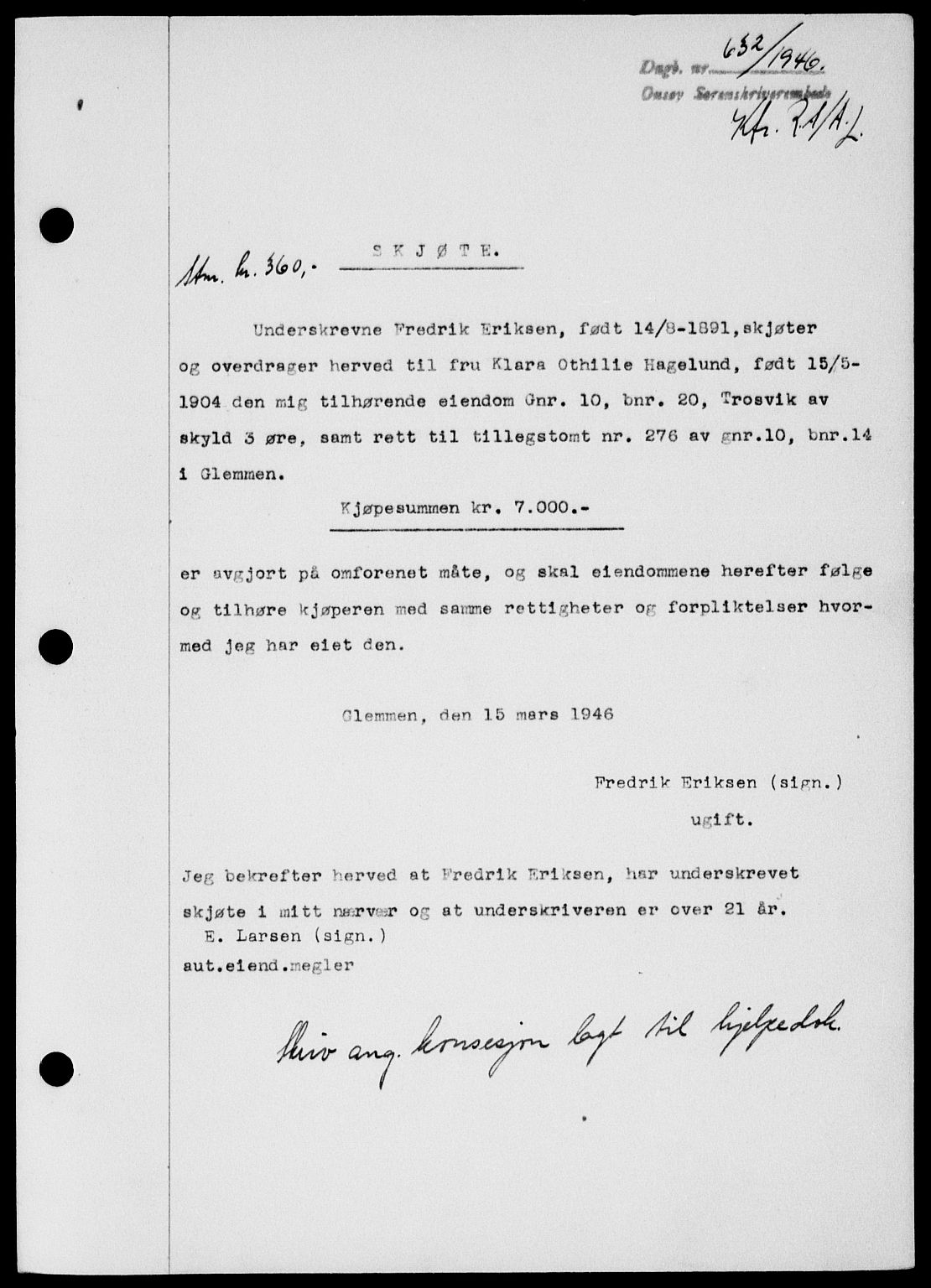 Onsøy sorenskriveri, SAO/A-10474/G/Ga/Gab/L0015: Mortgage book no. II A-15, 1945-1946, Diary no: : 632/1946
