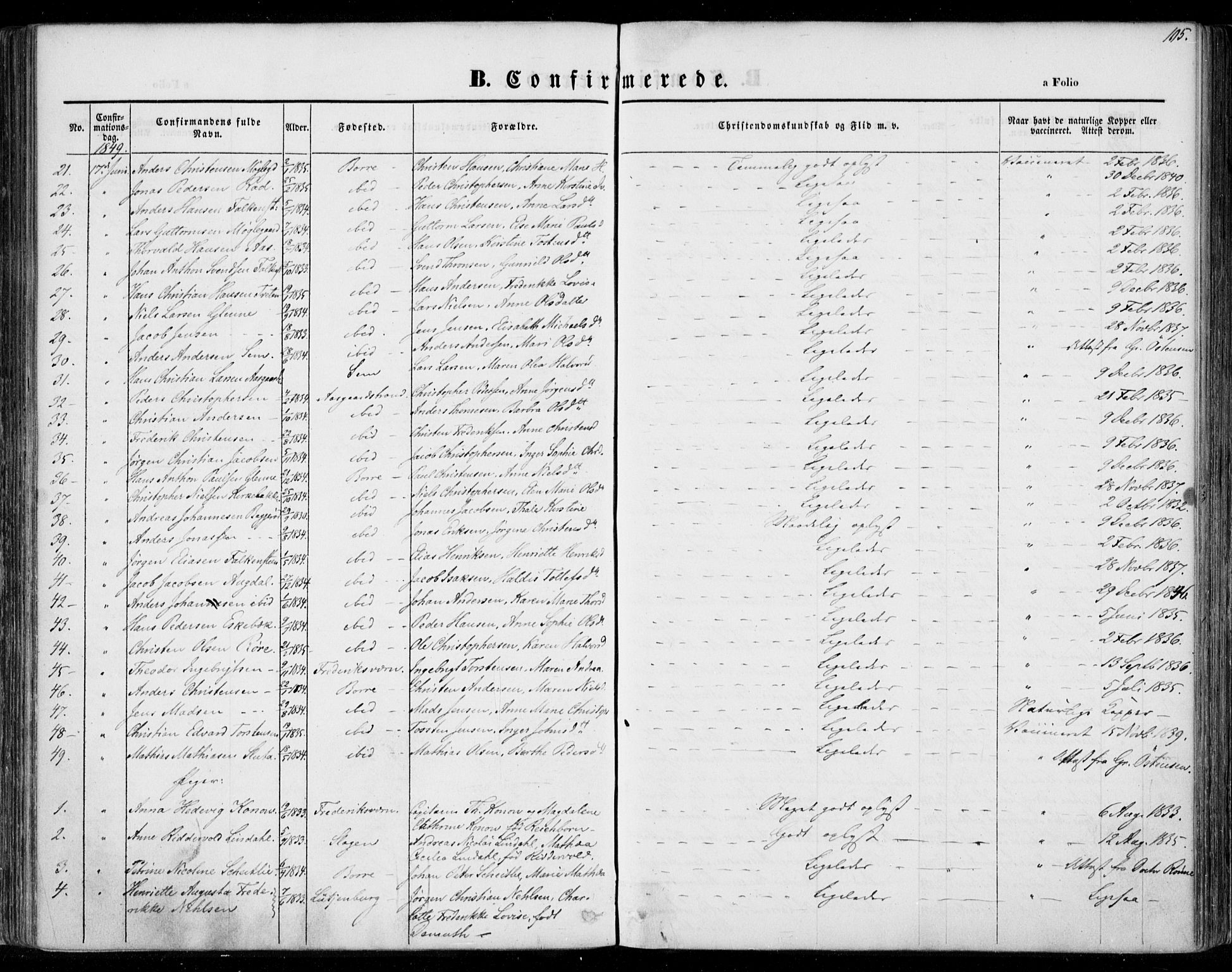 Borre kirkebøker, SAKO/A-338/F/Fa/L0005: Parish register (official) no. I 5, 1845-1851, p. 105