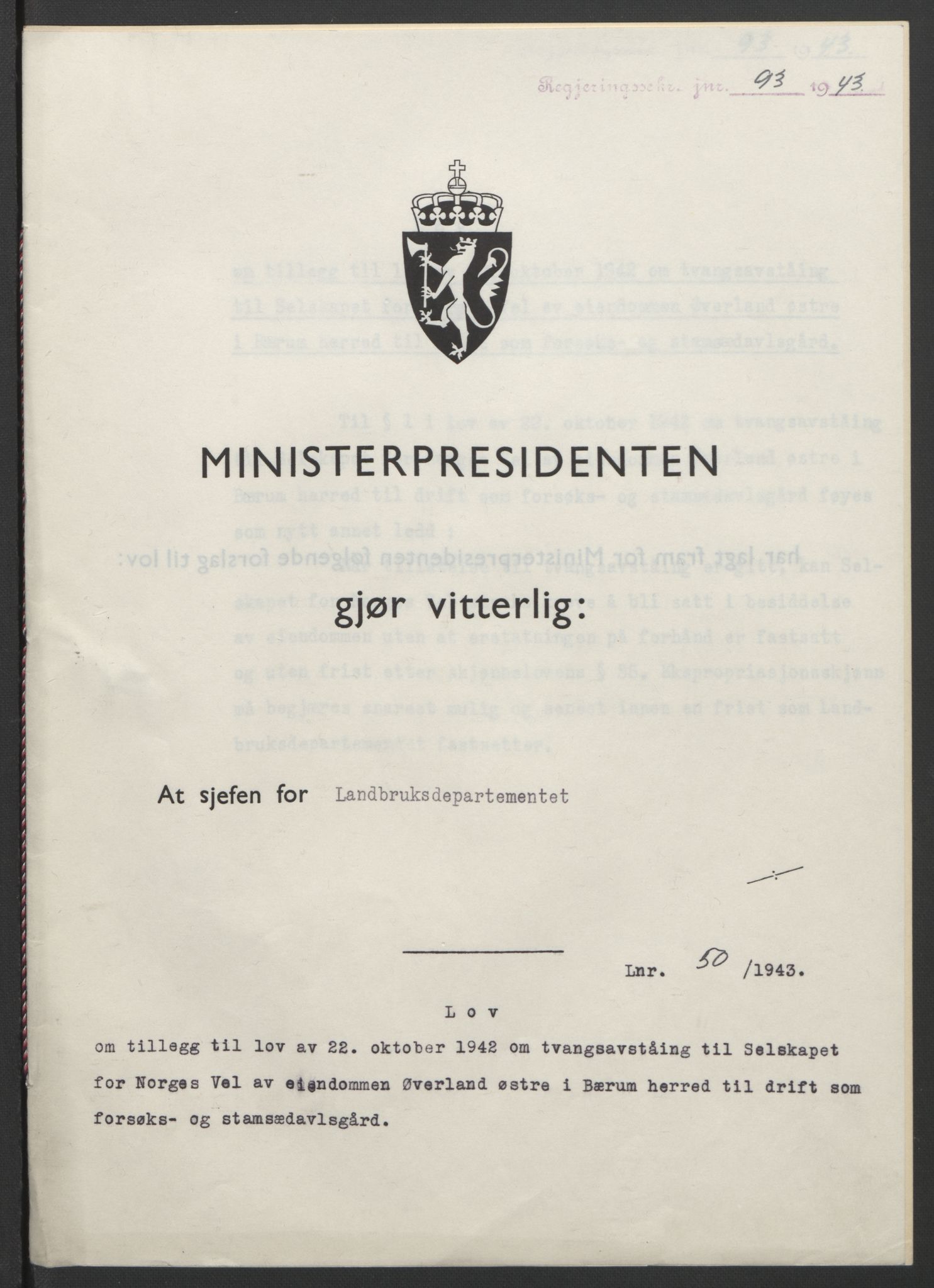 NS-administrasjonen 1940-1945 (Statsrådsekretariatet, de kommisariske statsråder mm), RA/S-4279/D/Db/L0099: Lover, 1943, p. 219