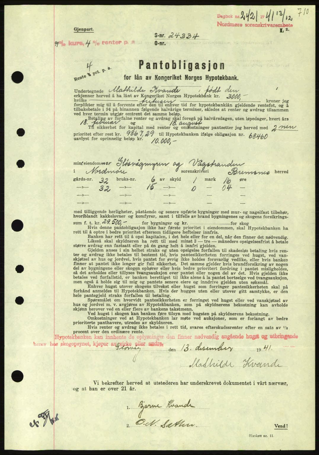 Nordmøre sorenskriveri, AV/SAT-A-4132/1/2/2Ca: Mortgage book no. B88, 1941-1942, Diary no: : 2421/1941