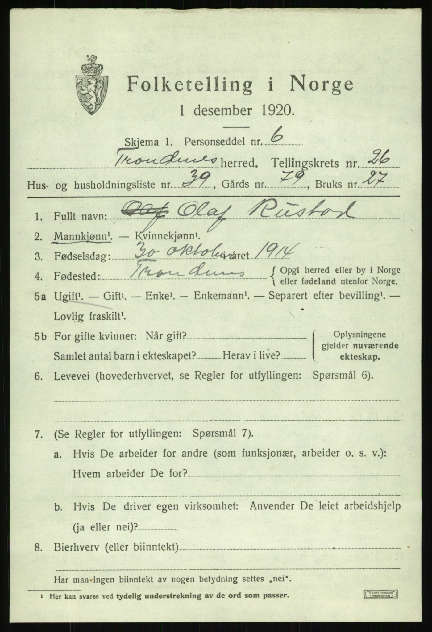 SATØ, 1920 census for Trondenes, 1920, p. 19292