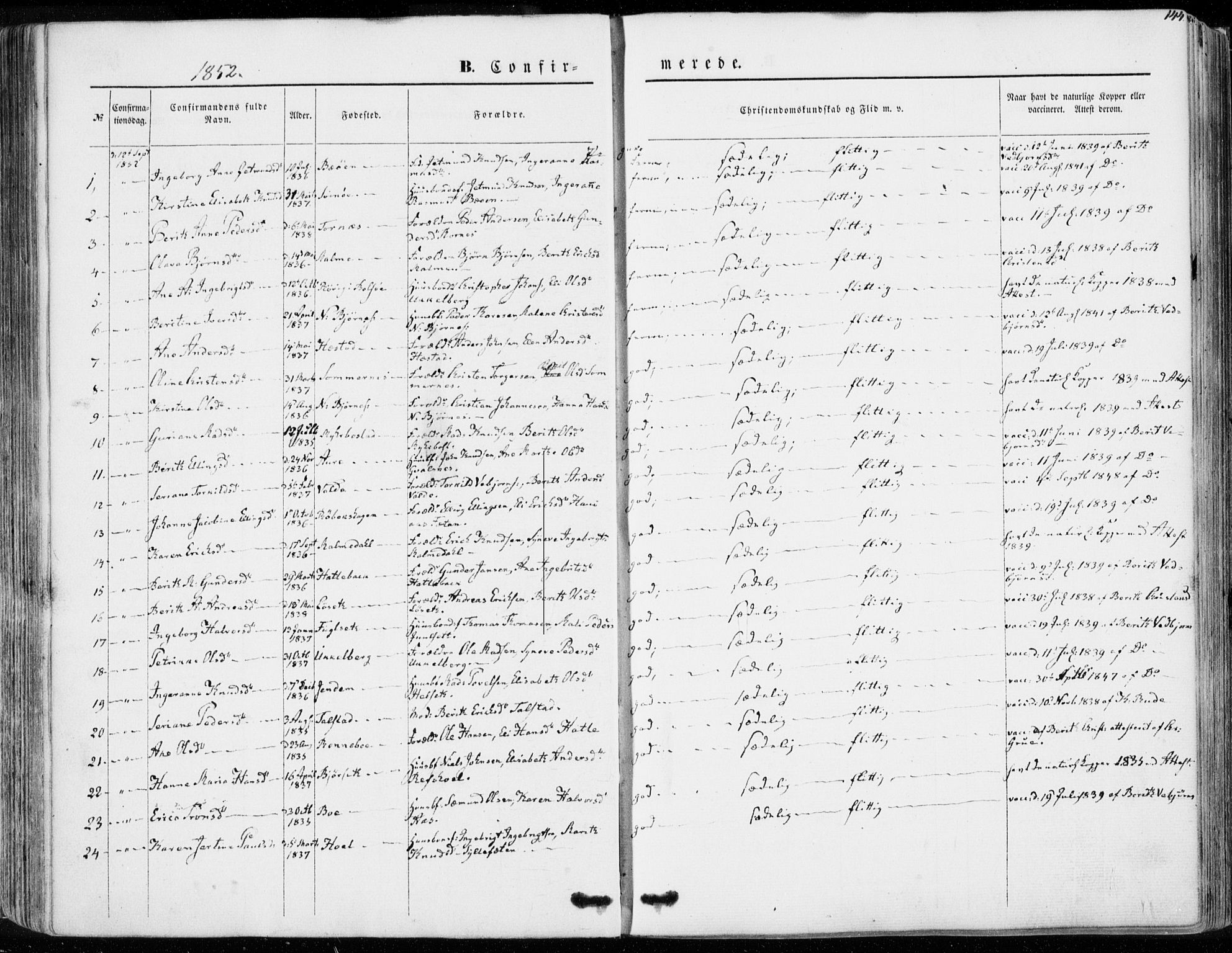 Ministerialprotokoller, klokkerbøker og fødselsregistre - Møre og Romsdal, SAT/A-1454/565/L0748: Parish register (official) no. 565A02, 1845-1872, p. 144