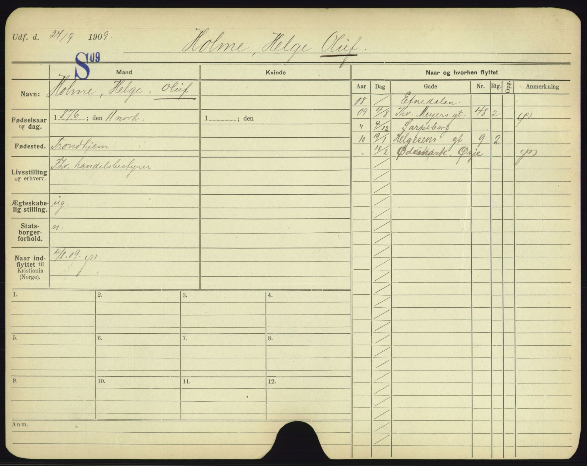 Oslo folkeregister, Registerkort, AV/SAO-A-11715/F/Fa/Fac/L0004: Menn, 1906-1914, p. 901a