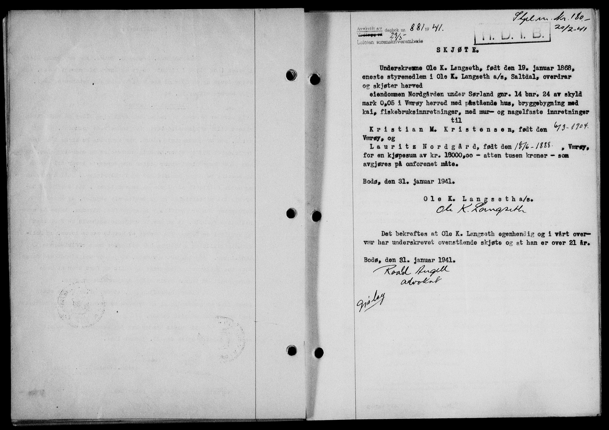 Lofoten sorenskriveri, SAT/A-0017/1/2/2C/L0008a: Mortgage book no. 8a, 1940-1941, Diary no: : 881/1941
