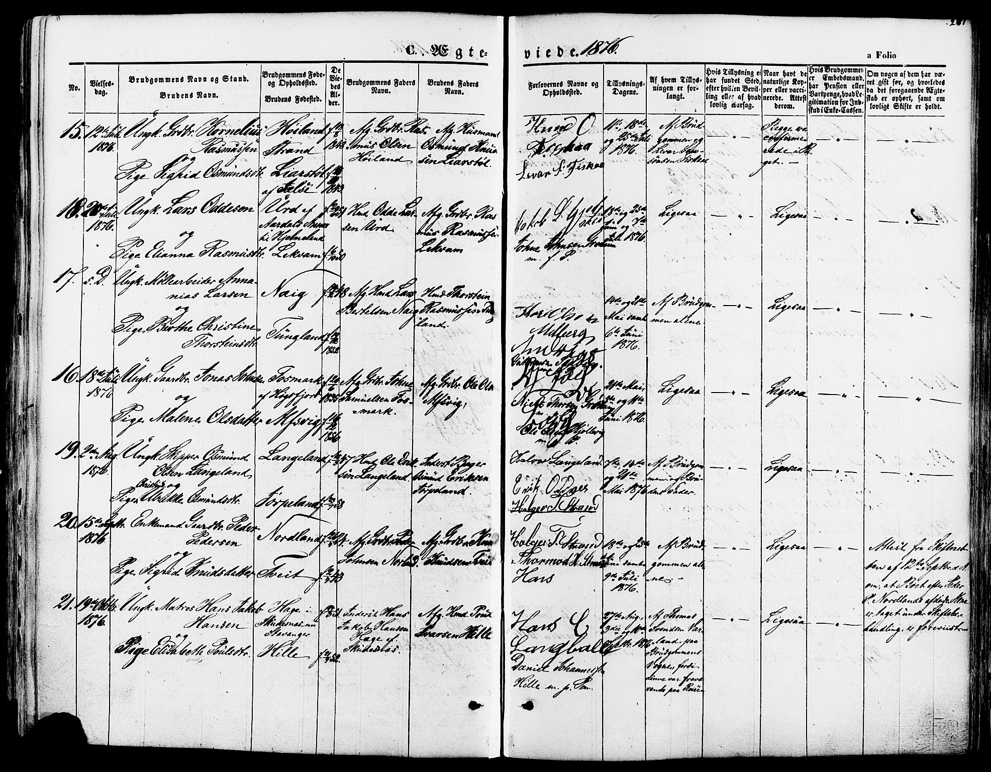 Strand sokneprestkontor, SAST/A-101828/H/Ha/Haa/L0007: Parish register (official) no. A 7, 1855-1881, p. 261
