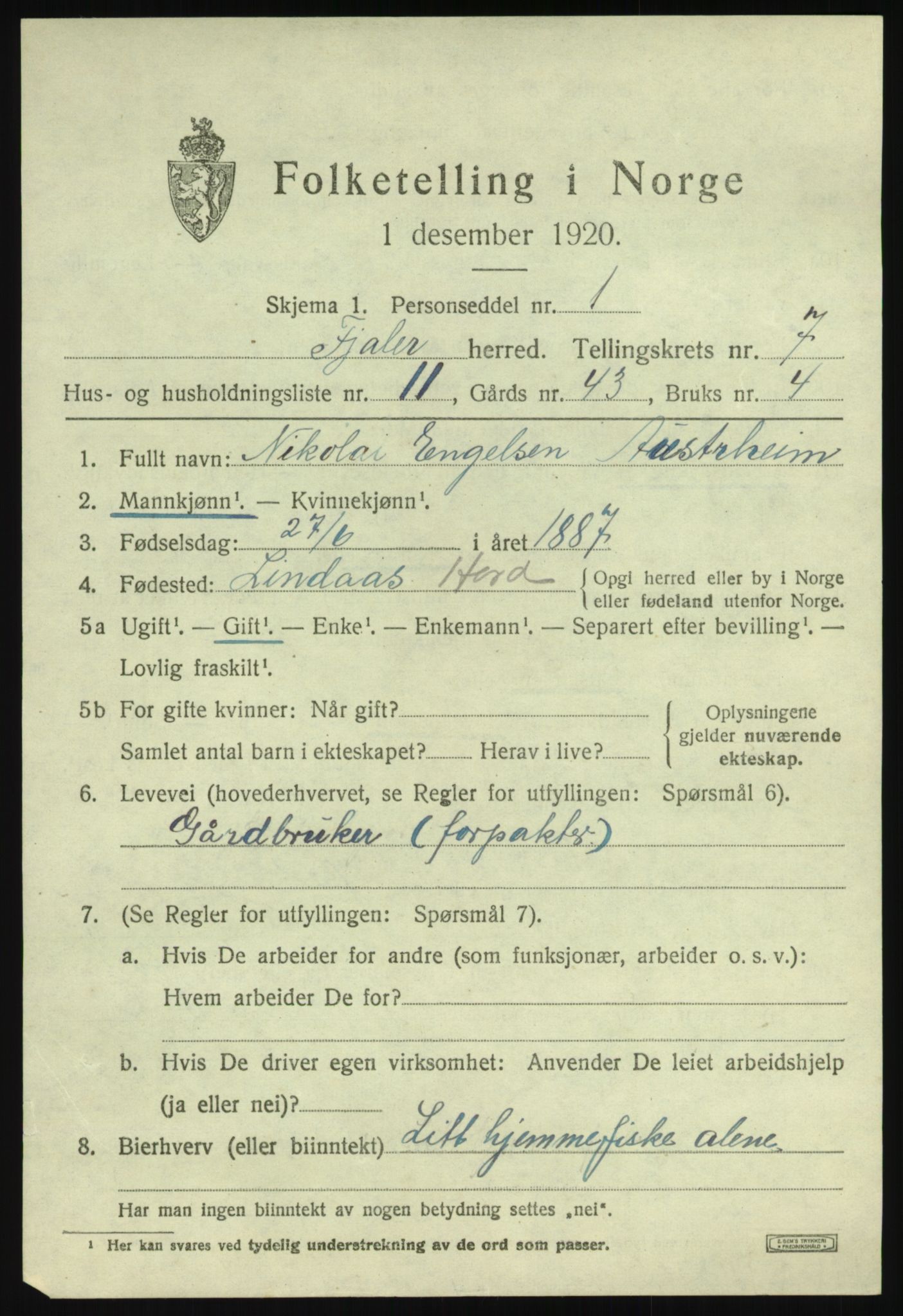 SAB, 1920 census for Fjaler, 1920, p. 4227