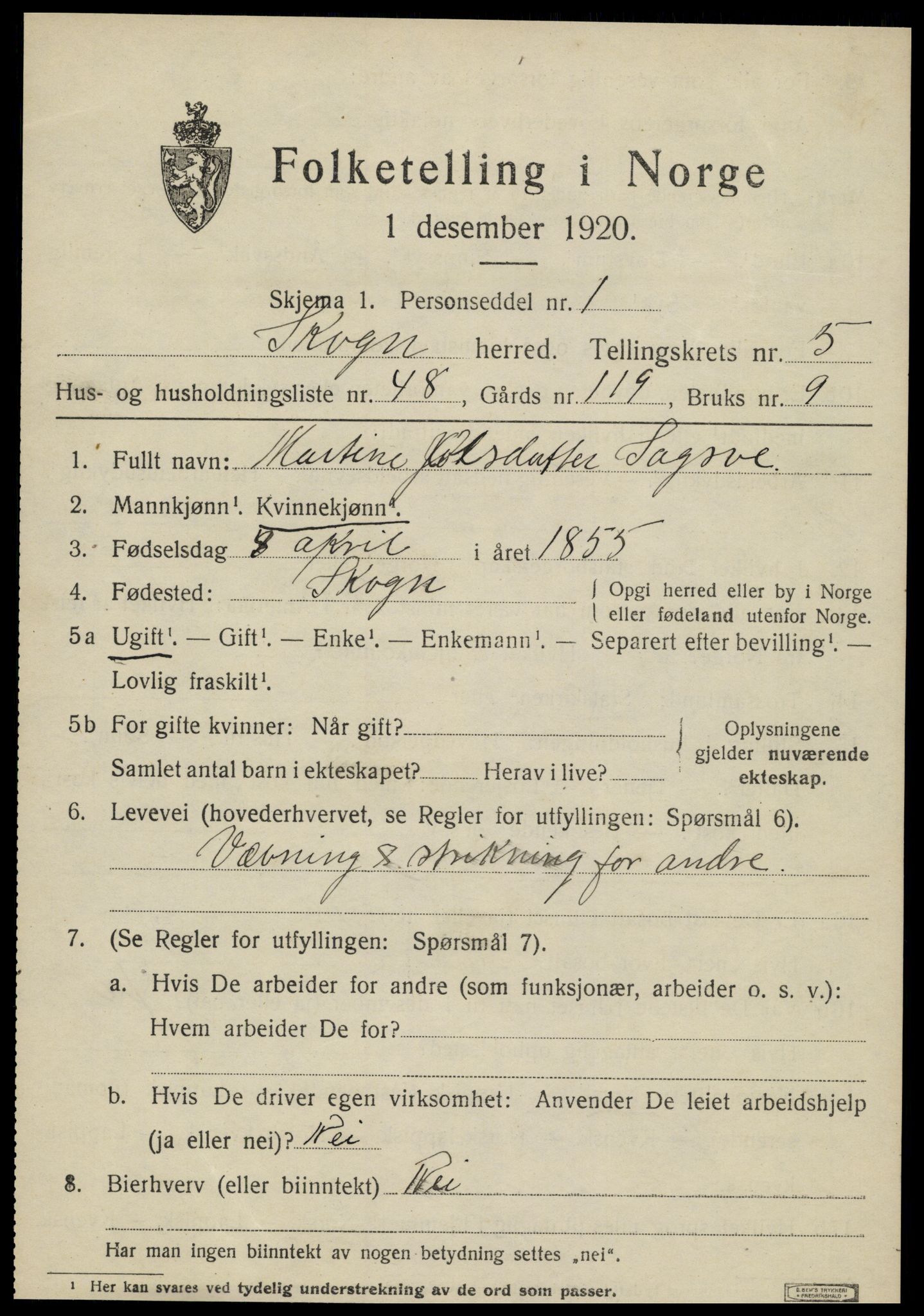 SAT, 1920 census for Skogn, 1920, p. 6995