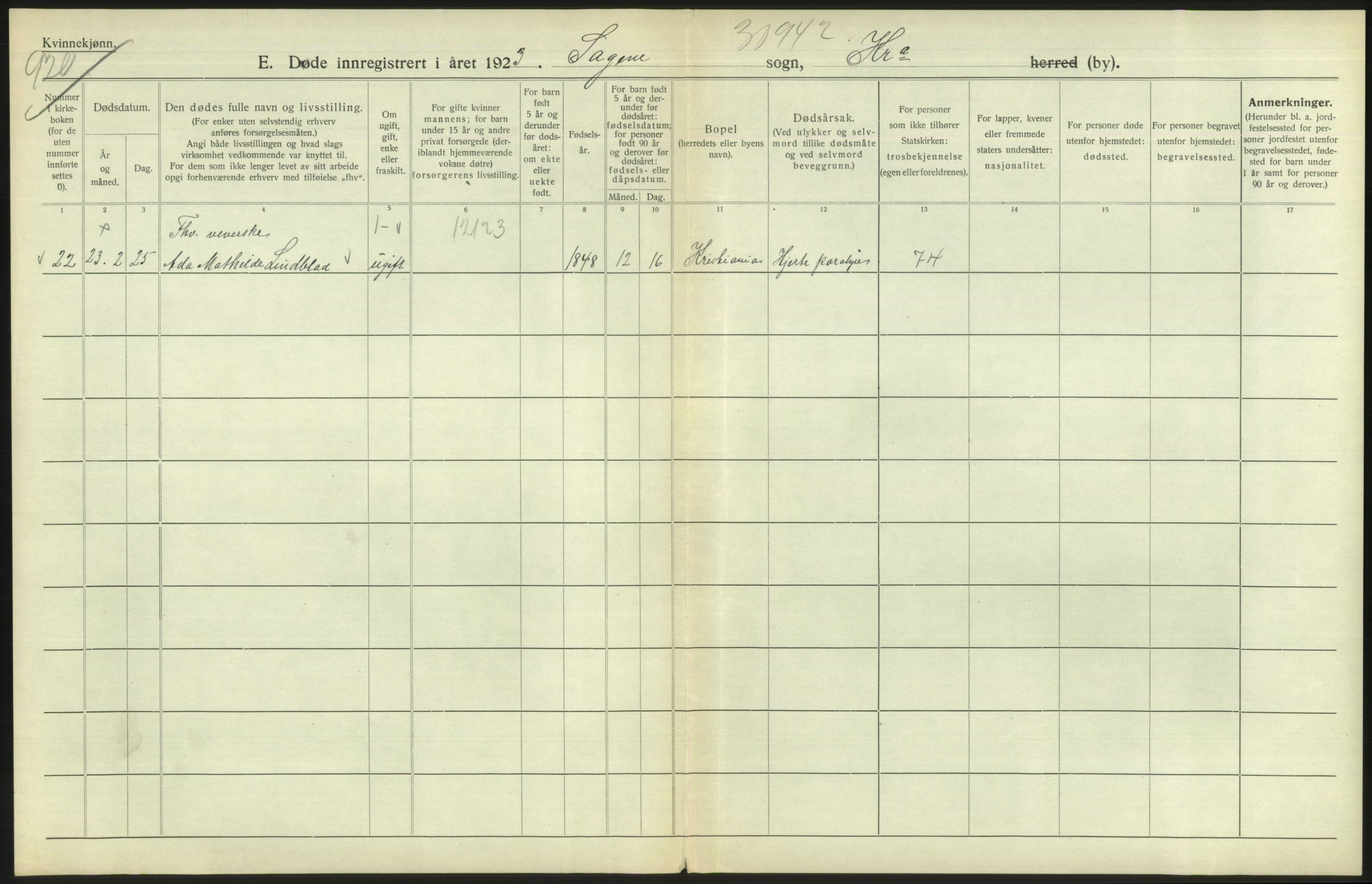 Statistisk sentralbyrå, Sosiodemografiske emner, Befolkning, AV/RA-S-2228/D/Df/Dfc/Dfcc/L0010: Kristiania: Døde, dødfødte, 1923, p. 178