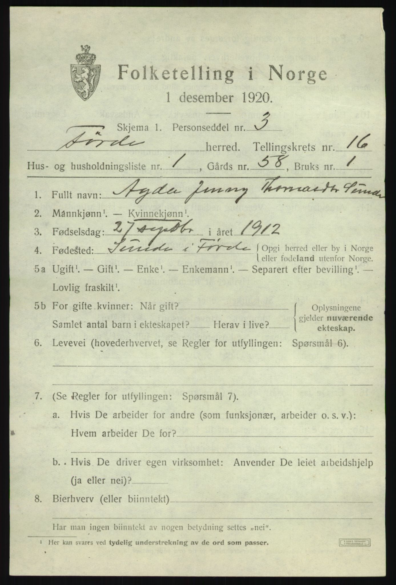 SAB, 1920 census for Førde, 1920, p. 5354