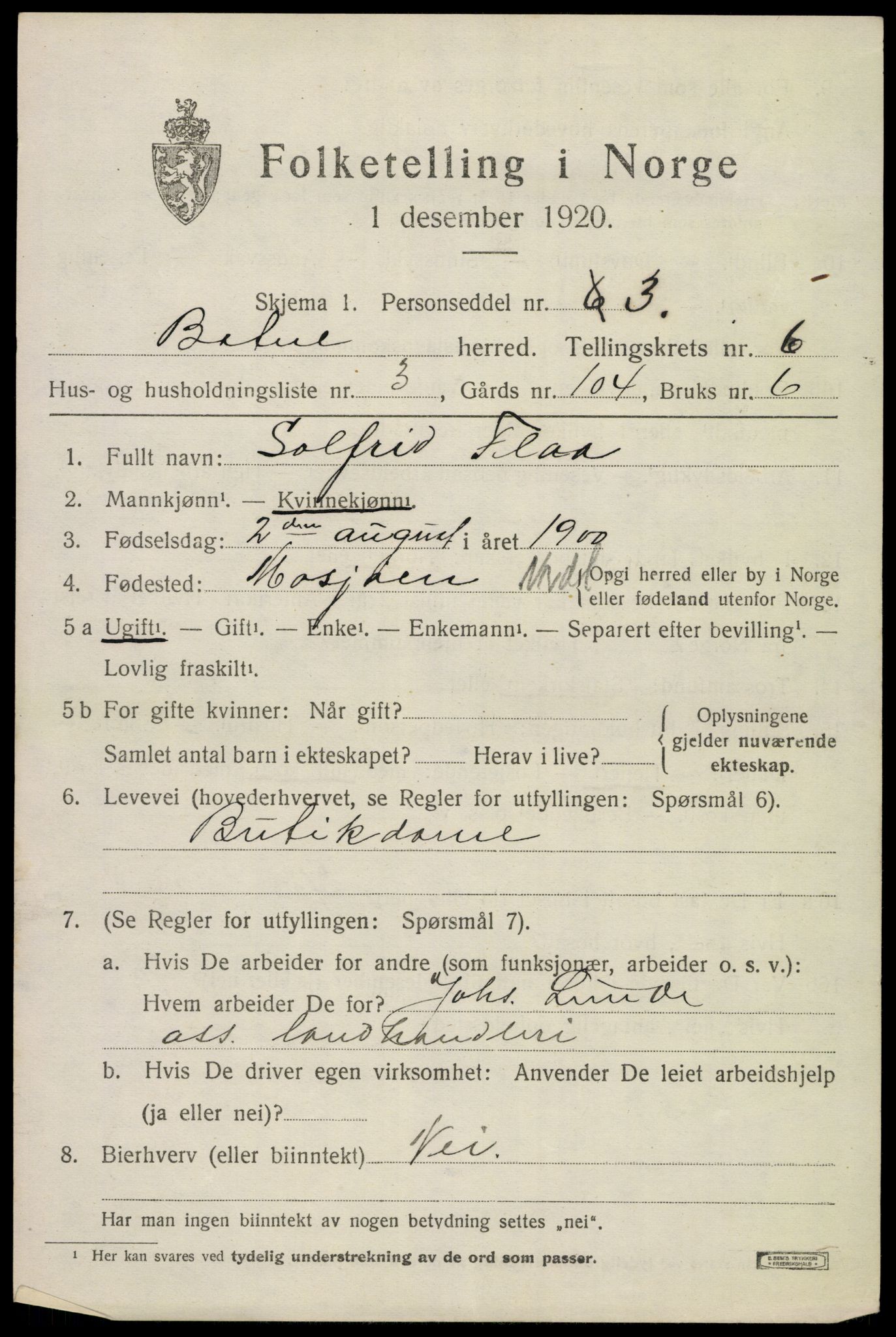 SAKO, 1920 census for Botne, 1920, p. 5079