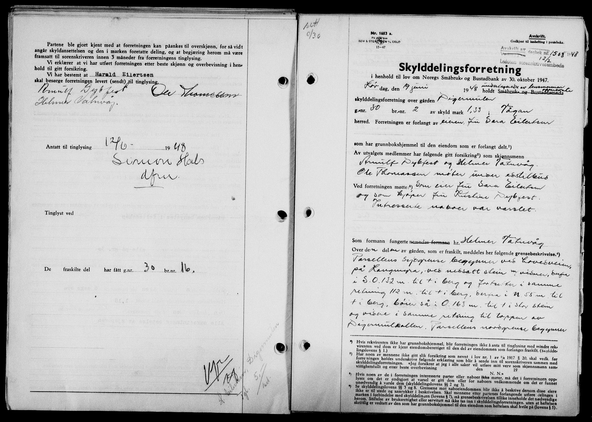 Lofoten sorenskriveri, SAT/A-0017/1/2/2C/L0018a: Mortgage book no. 18a, 1948-1948, Diary no: : 1503/1948