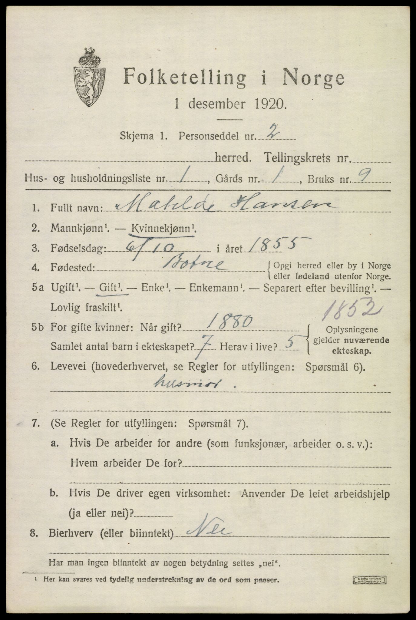 SAKO, 1920 census for Botne, 1920, p. 4235