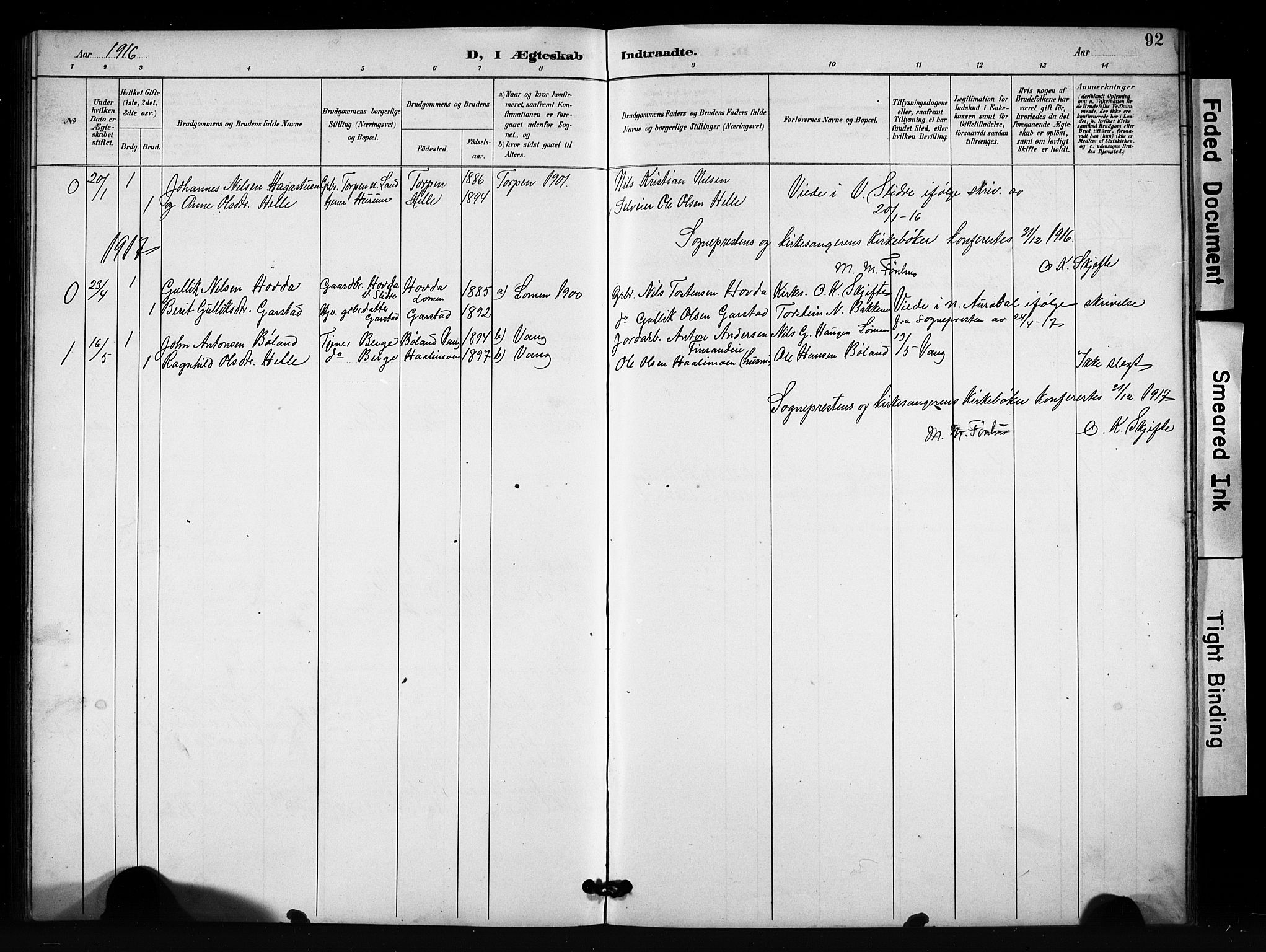 Vang prestekontor, Valdres, SAH/PREST-140/H/Hb/L0007: Parish register (copy) no. 7, 1893-1924, p. 92