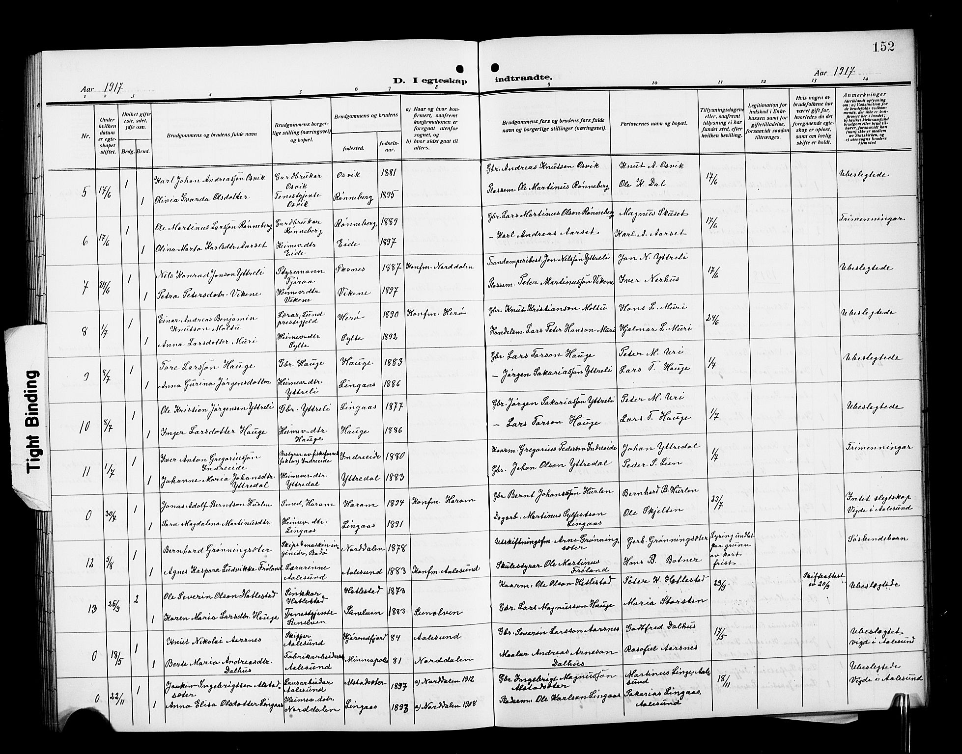 Ministerialprotokoller, klokkerbøker og fødselsregistre - Møre og Romsdal, SAT/A-1454/519/L0265: Parish register (copy) no. 519C06, 1911-1921, p. 152