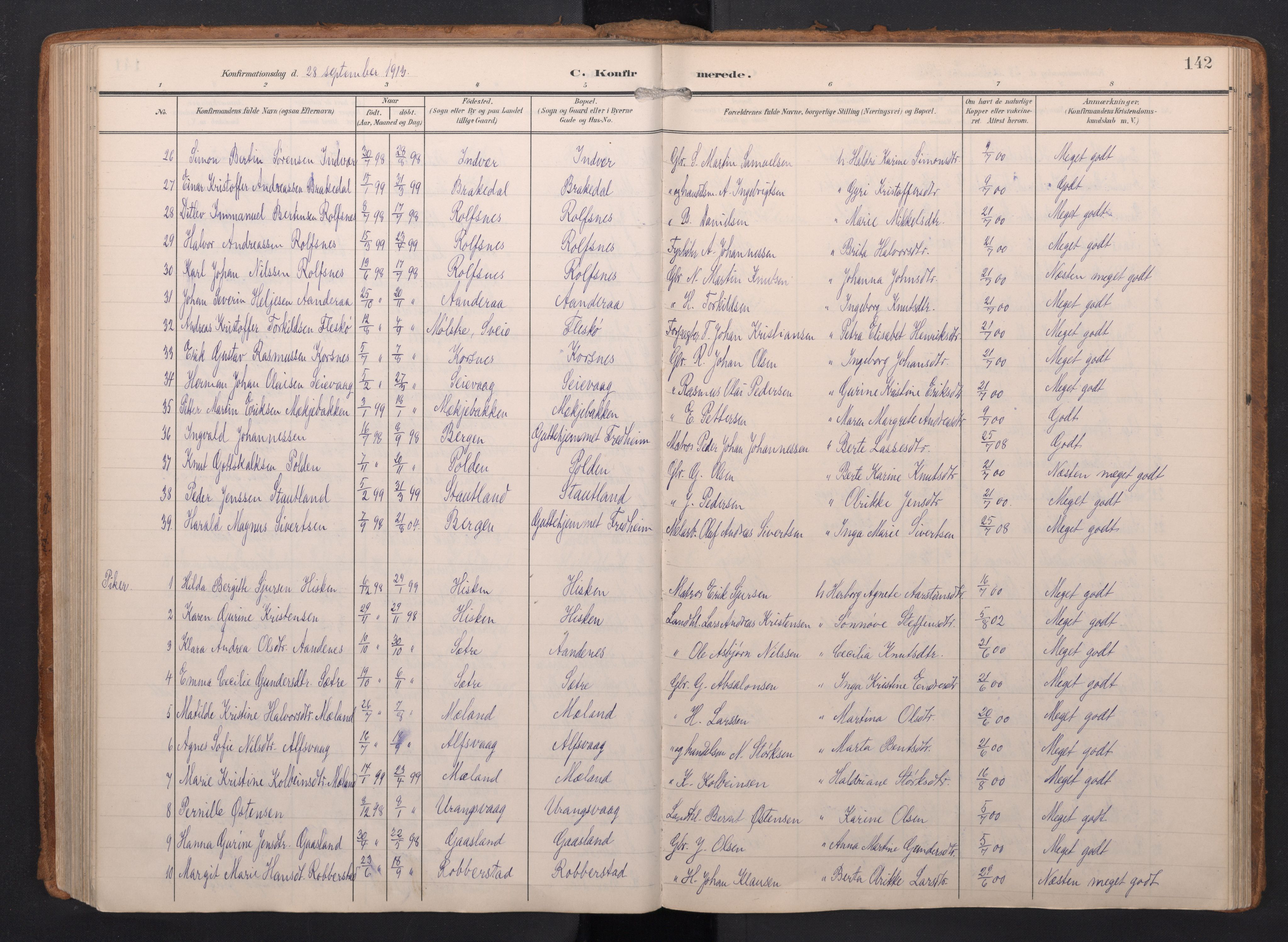 Finnås sokneprestembete, SAB/A-99925/H/Ha/Haa/Haac/L0003: Parish register (official) no. C 3, 1905-1917, p. 142
