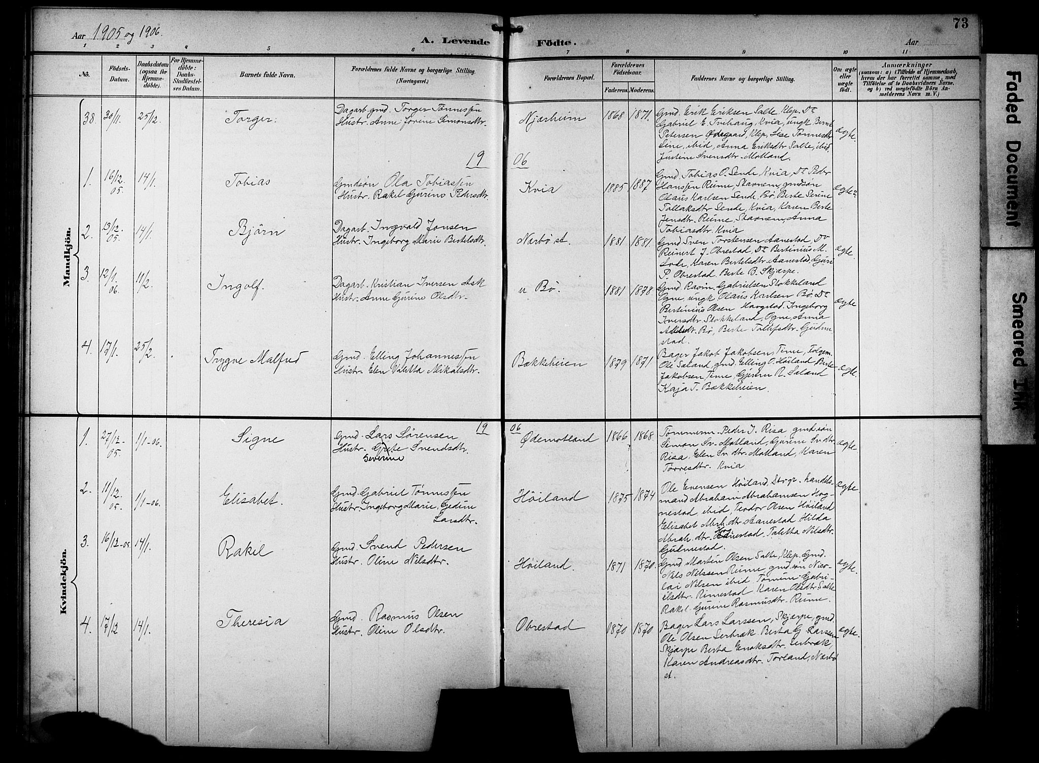 Hå sokneprestkontor, AV/SAST-A-101801/001/30BB/L0005: Parish register (copy) no. B 5, 1894-1912, p. 73