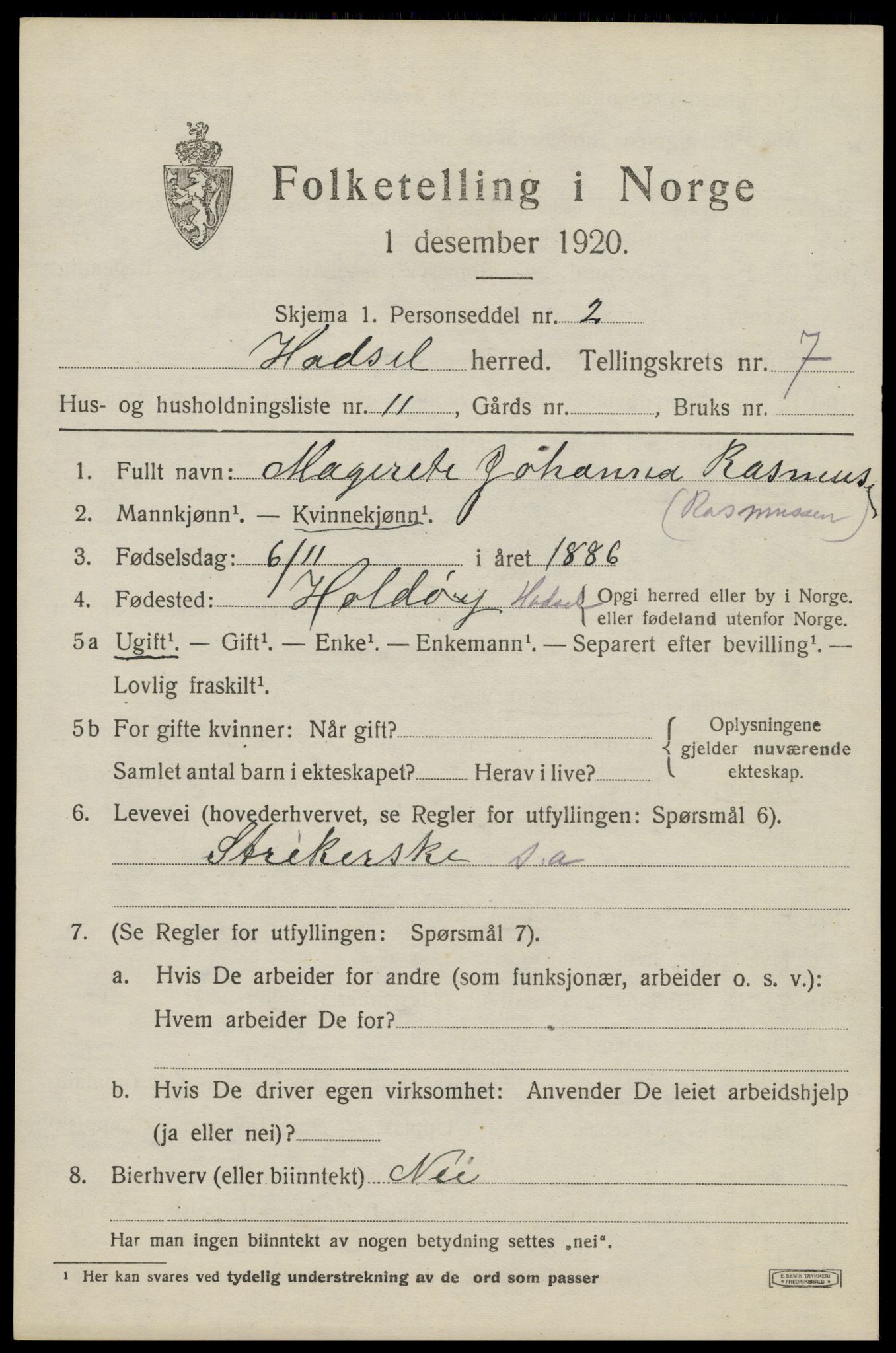 SAT, 1920 census for Hadsel, 1920, p. 7006